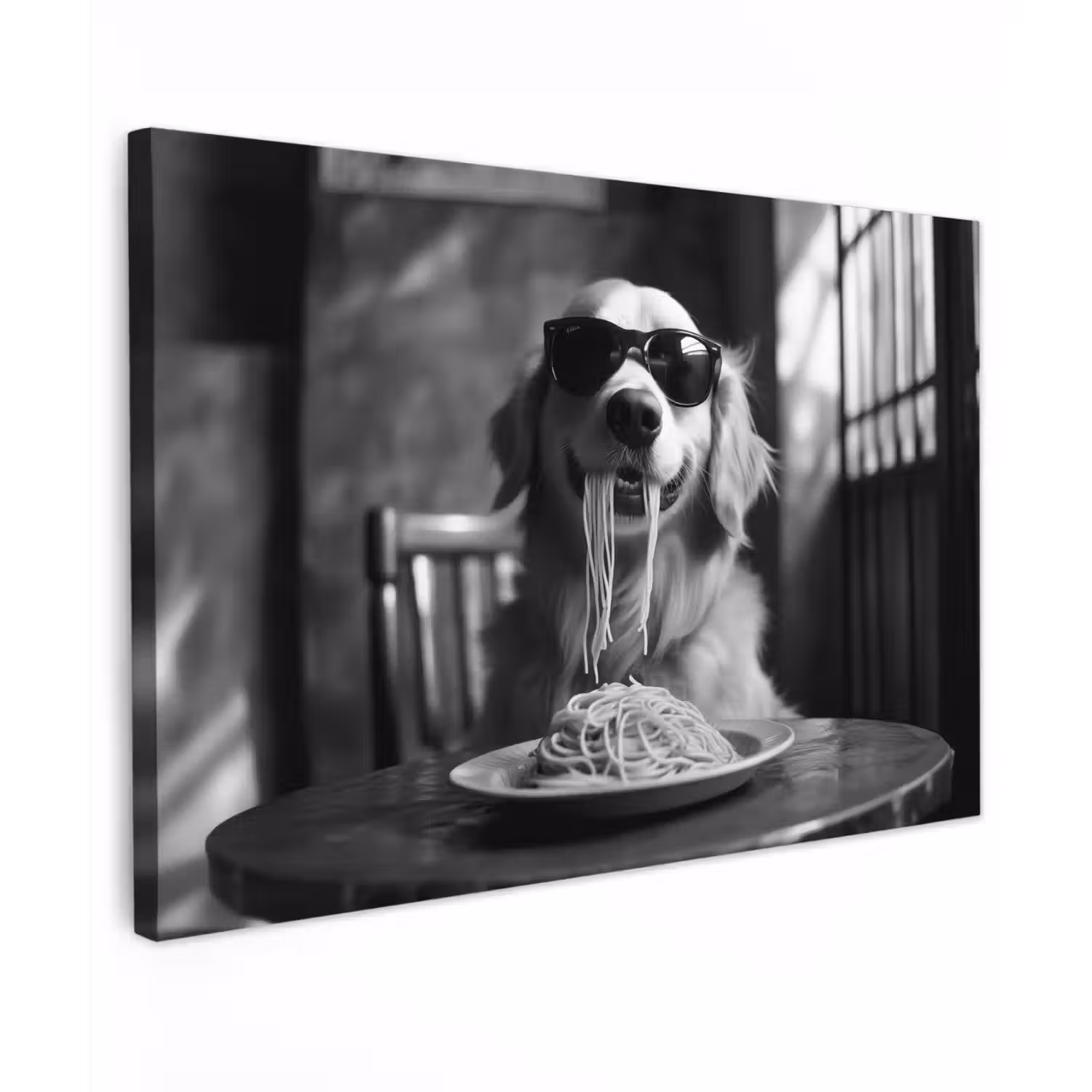 Golden Retriever - Hond - Vrolijk - Bord spaghetti - Zwart - wit Tuinposter op houten frame 2 cm dik klein -3d