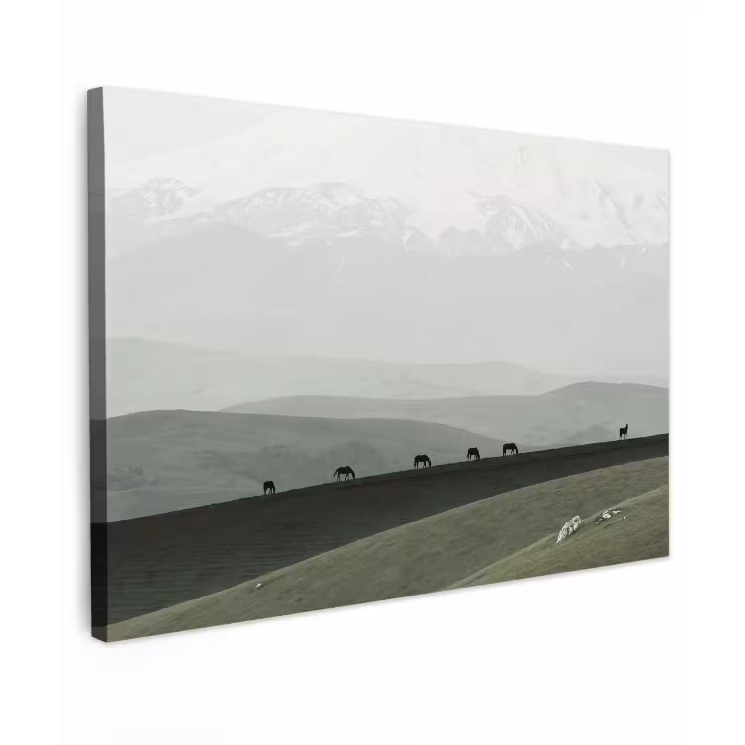 Grijs - Berg - Paarden Tuinposter op houten frame 2 cm dik klein -3d