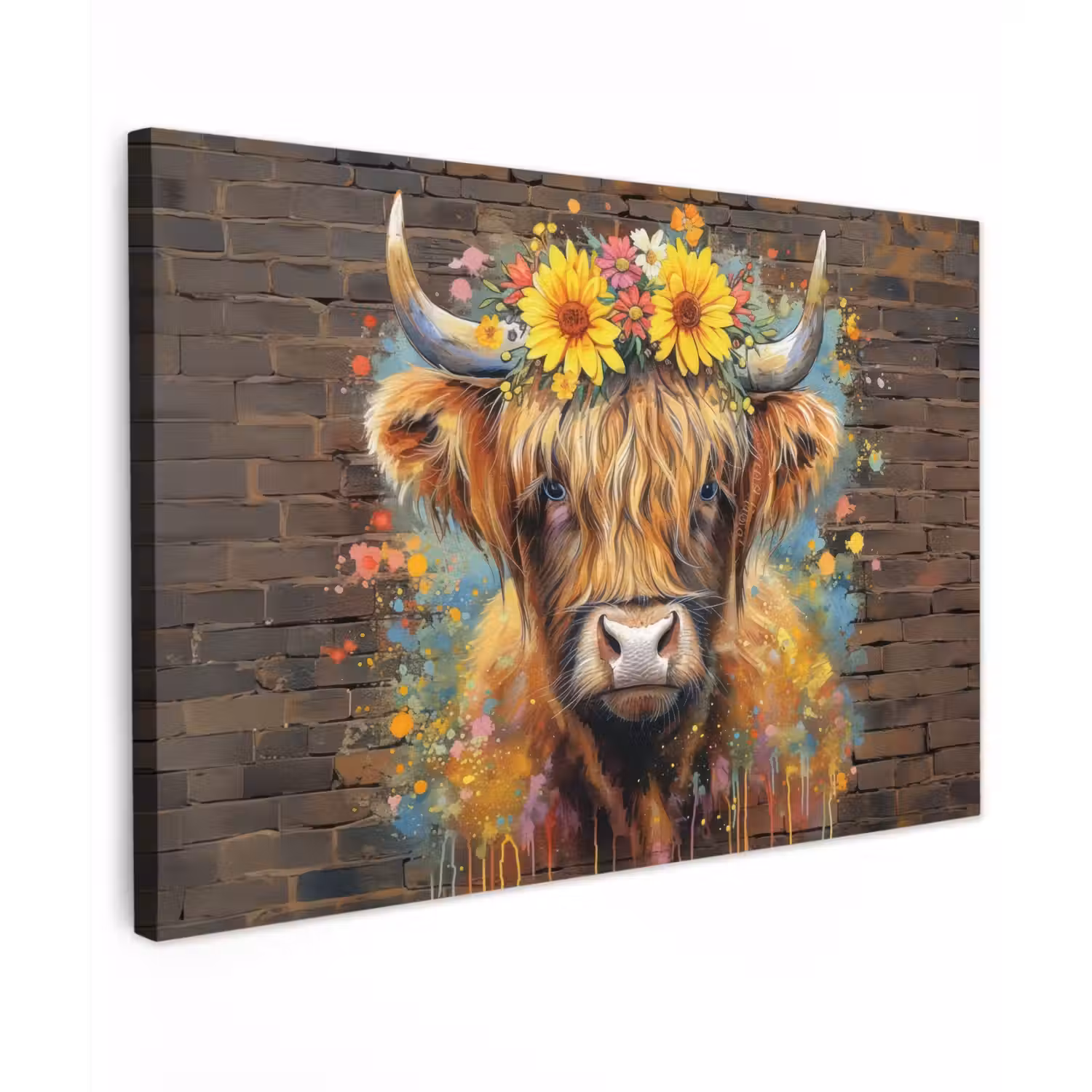 Hooglander met Bloemenkroon Tuinposter op houten frame 2 cm dik klein -3d