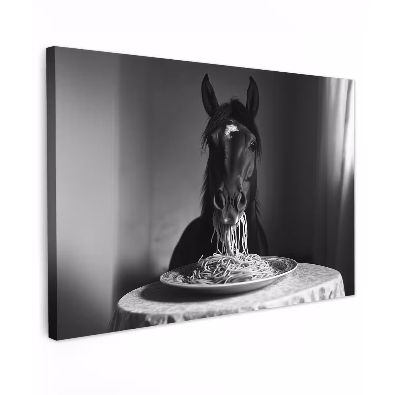 Paard - Bord - Pasta - Tafelkleed - Zwart Wit - Dieren Tuinposter op houten frame 2 cm dik klein -3d
