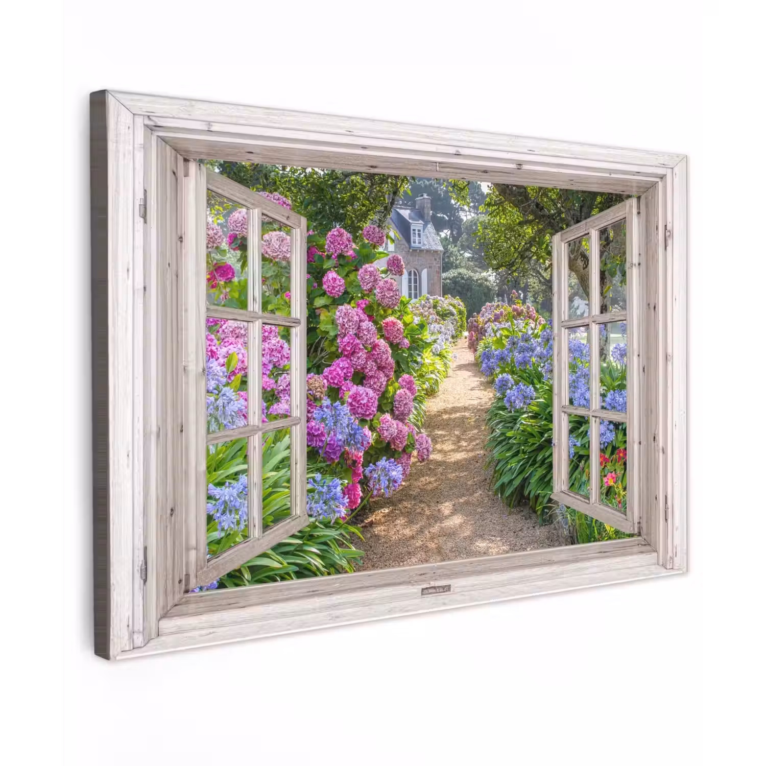 Hortensia - Doorkijk - Bloemen - Zomer - Paars - Pad Tuinposter op houten frame 2 cm dik klein -3d