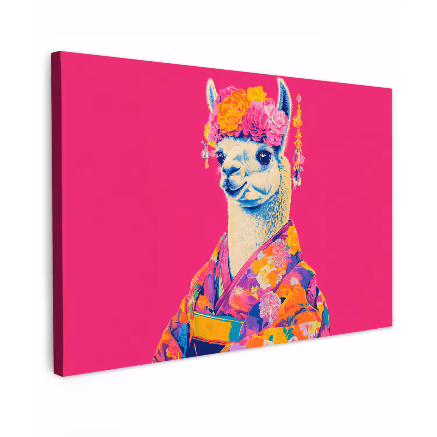 Lama - Kimono - Bloemenkrans - Felroze Tuinposter op houten frame 2 cm dik klein -3d