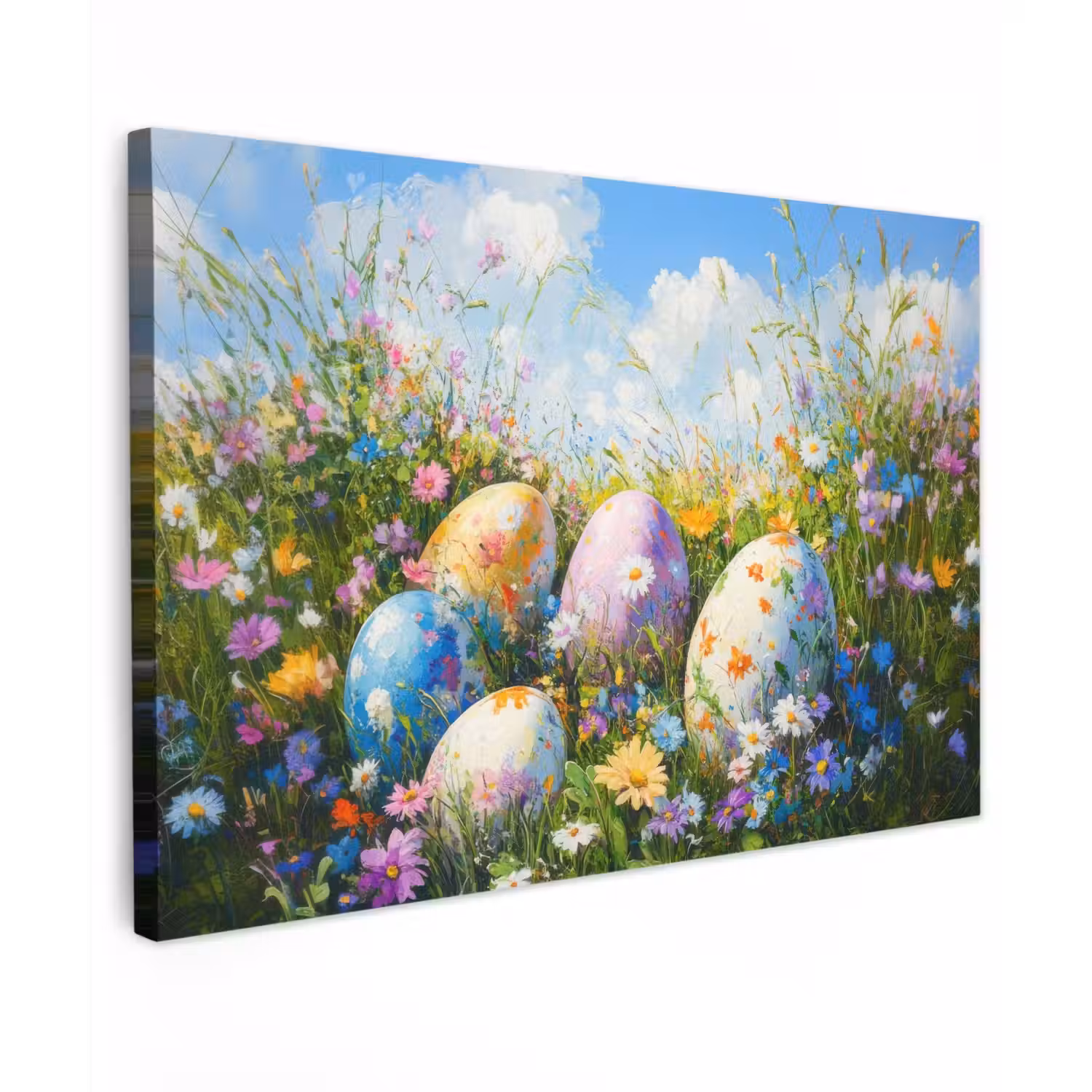 Grasveld - Eieren - Bloemen Tuinposter op houten frame 2 cm dik klein -3d