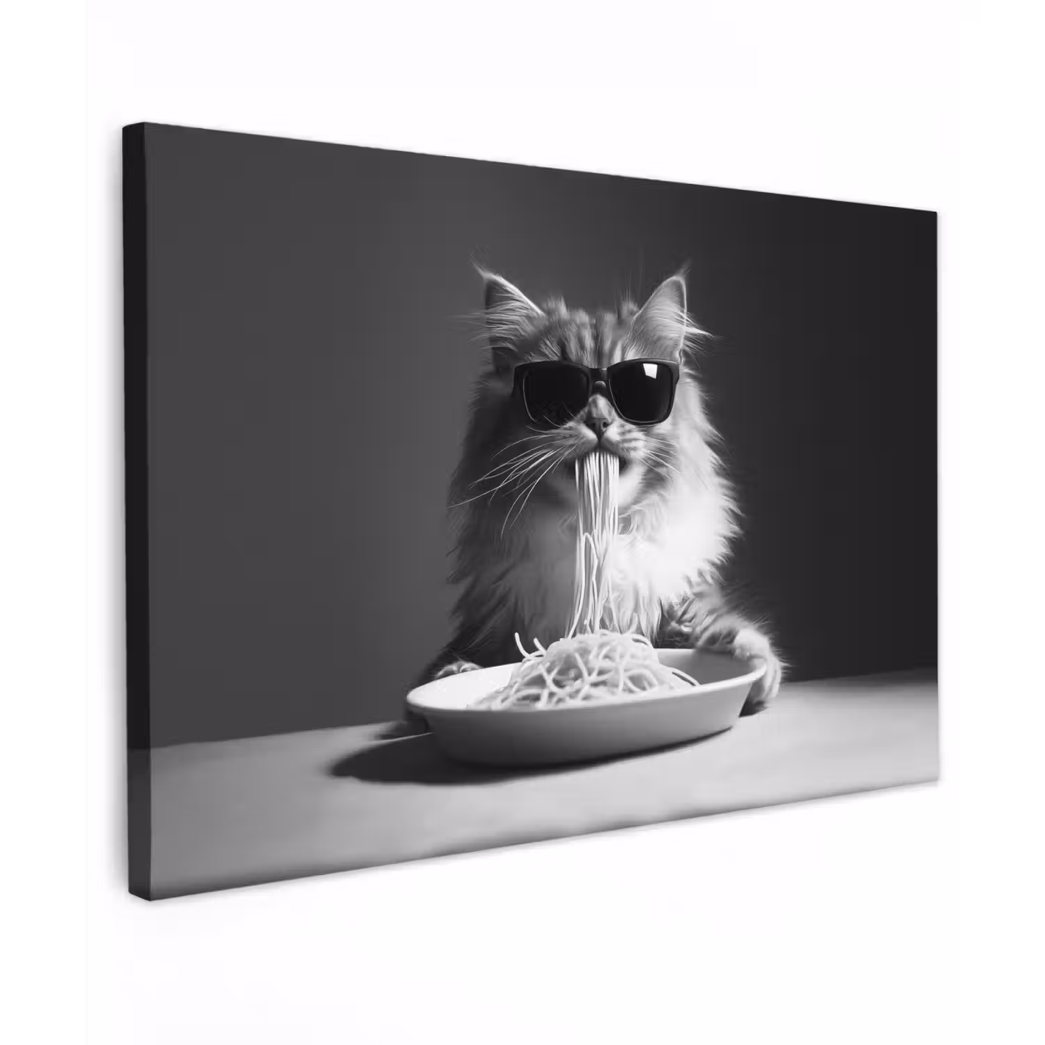 Langharige kat - Zonnebril - Spaghetti - Humor - Zwart - wit Tuinposter op houten frame 2 cm dik klein -3d