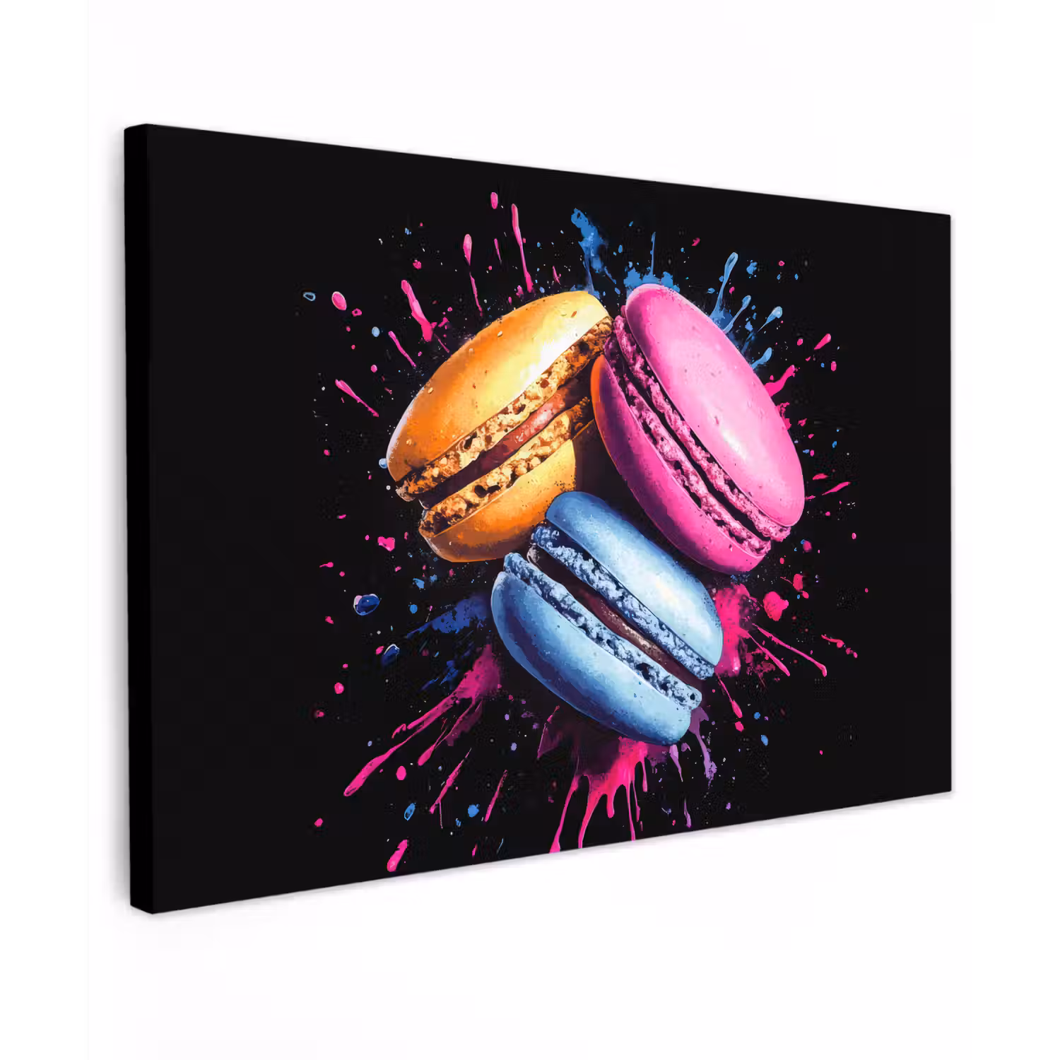 Macarons - Dessert - Graffiti - Kleurrijk - Roze - Blauw - Geel Tuinposter op houten frame 2 cm dik klein -3d