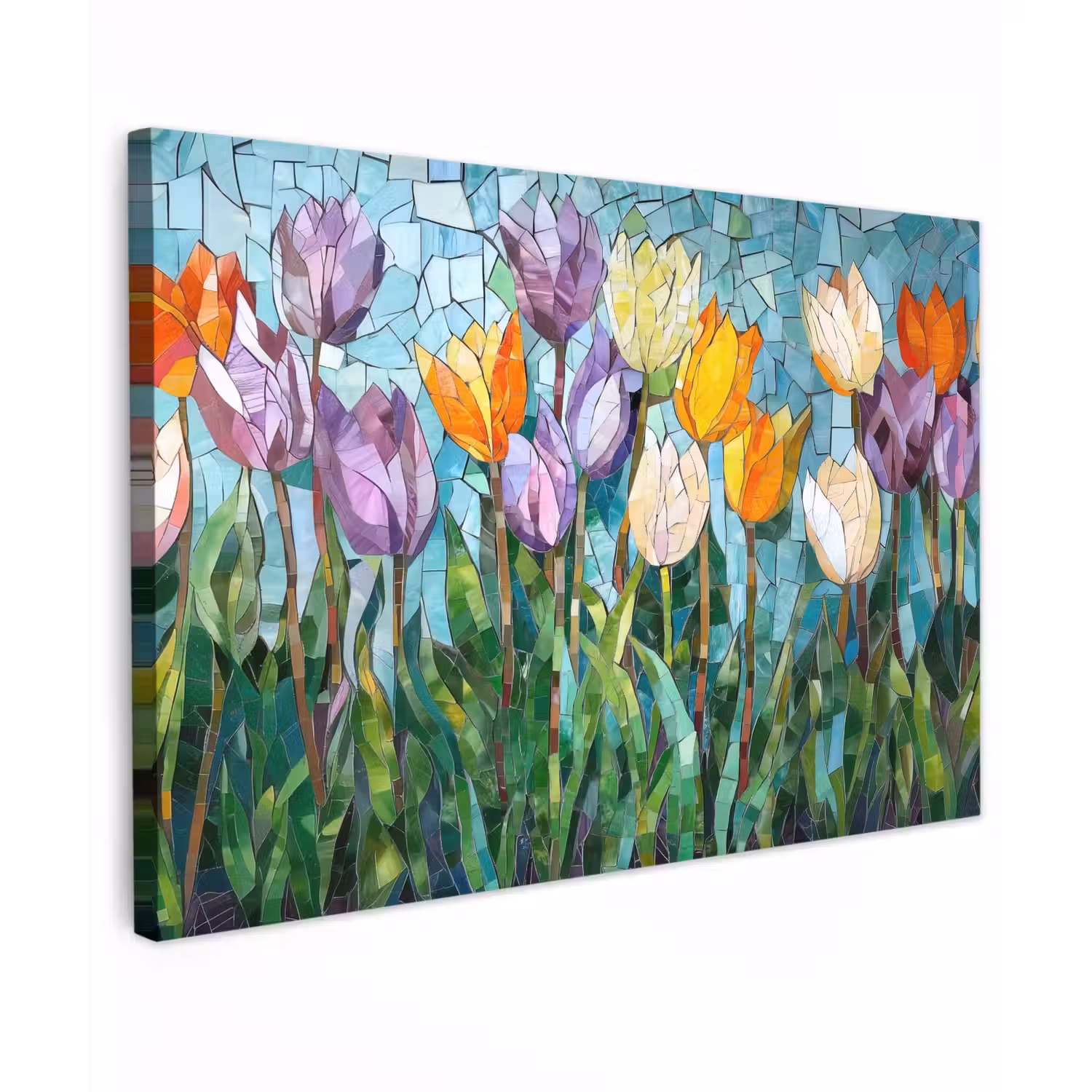 Mozaïek - Veld - Tulpen - Kleurrijk Tuinposter op houten frame 2 cm dik klein -3d