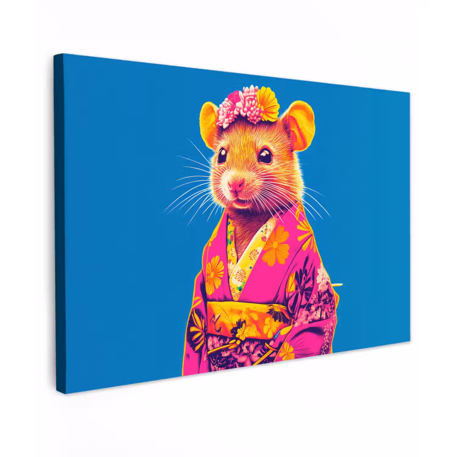 Muis - Kimono - Bloemen - Blauw Tuinposter op houten frame 2 cm dik klein -3d
