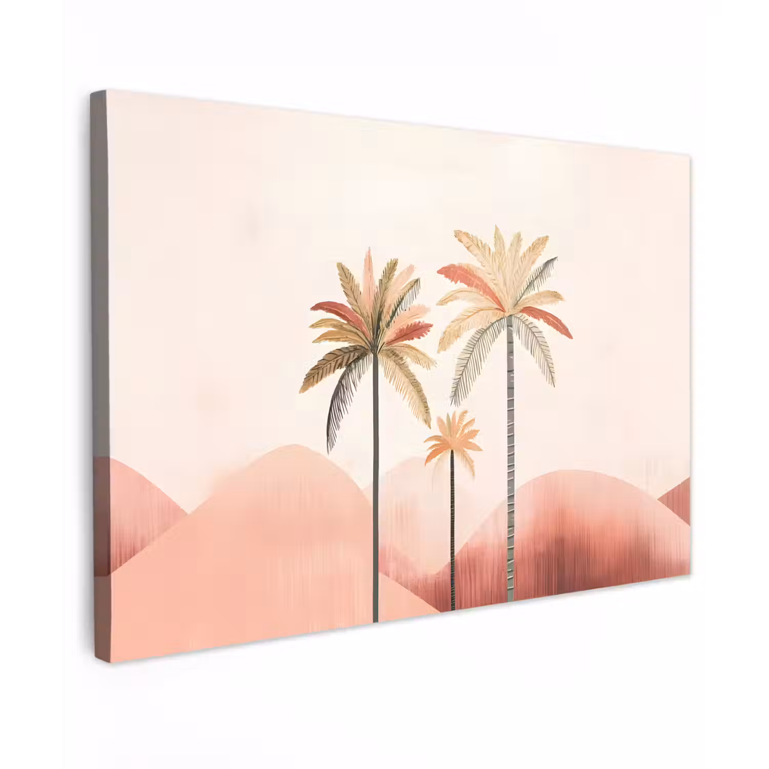 Palmbomen - Heuvels - Minimalistisch - Zachtroze Tuinposter op houten frame 2 cm dik klein -3d