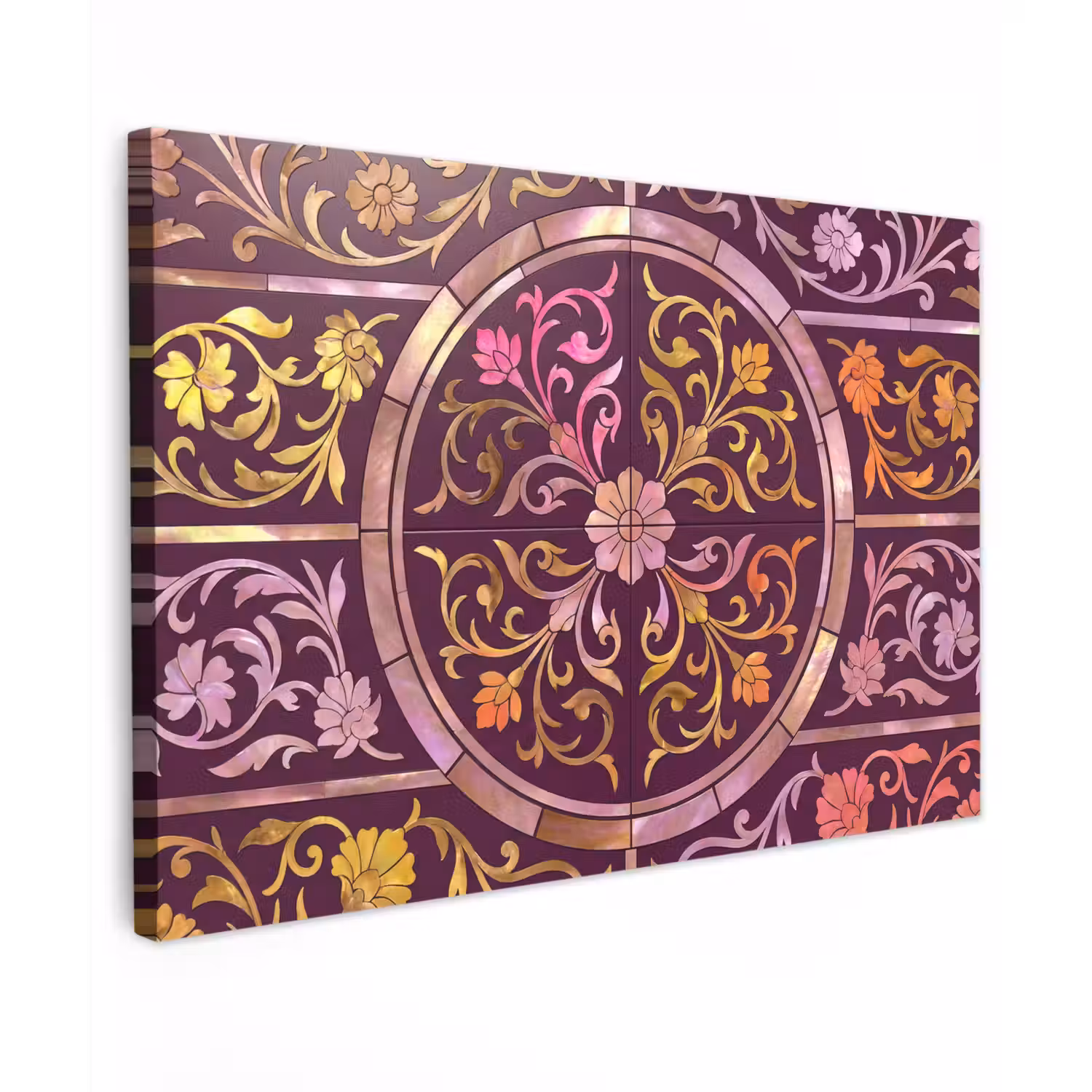 Patroon - Floraal - Oosters - Paars - Goud Tuinposter op houten frame 2 cm dik klein -3d