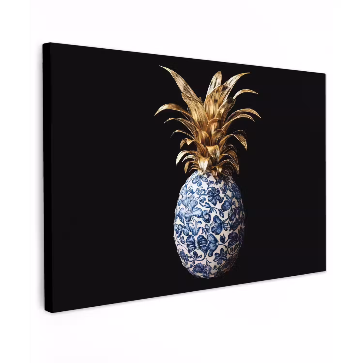 Ananas - Bloemen patroon - Goud - Delftsblauw Tuinposter op houten frame 2 cm dik klein -3d