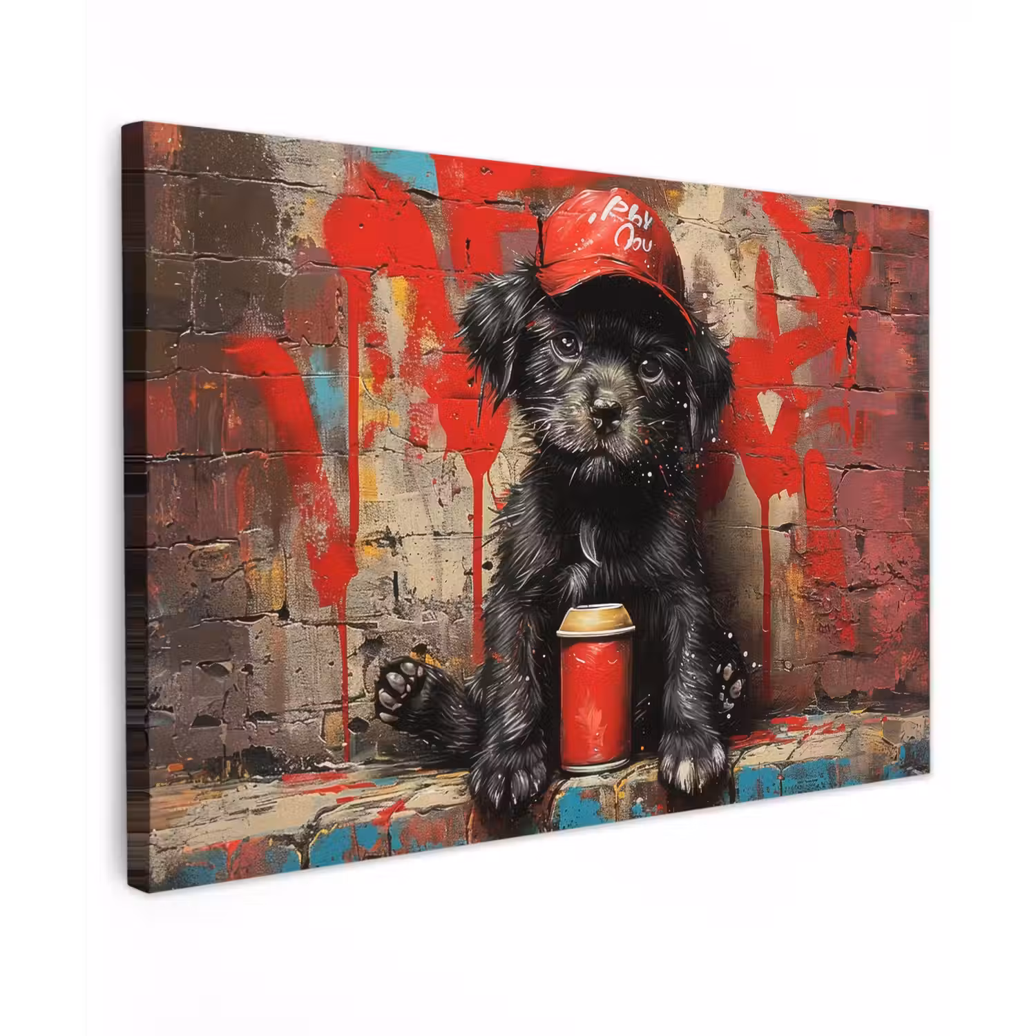 Puppy met Rode Pet en Spuitbus Tuinposter op houten frame 2 cm dik klein -3d