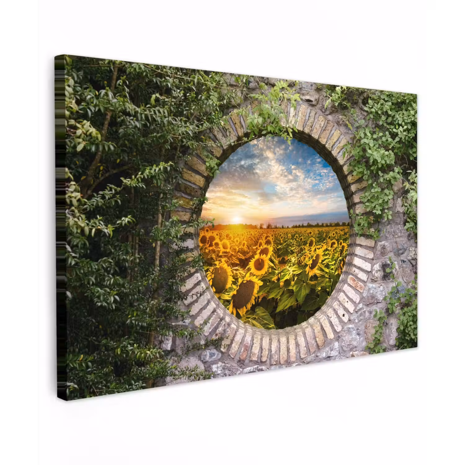 Ronde poort naar zonnebloemveld Tuinposter op houten frame 2 cm dik klein -3d