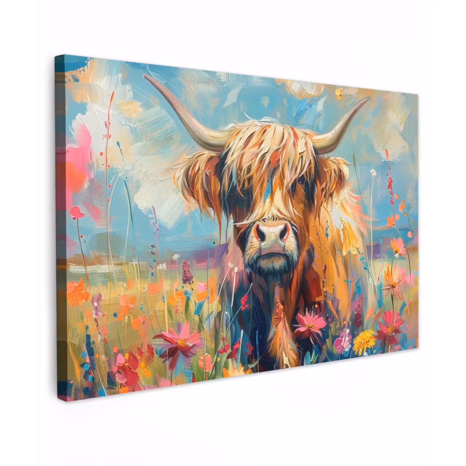 Schotse hooglander - Natuur - Kleurrijk - Bloemen Tuinposter op houten frame 2 cm dik klein -3d