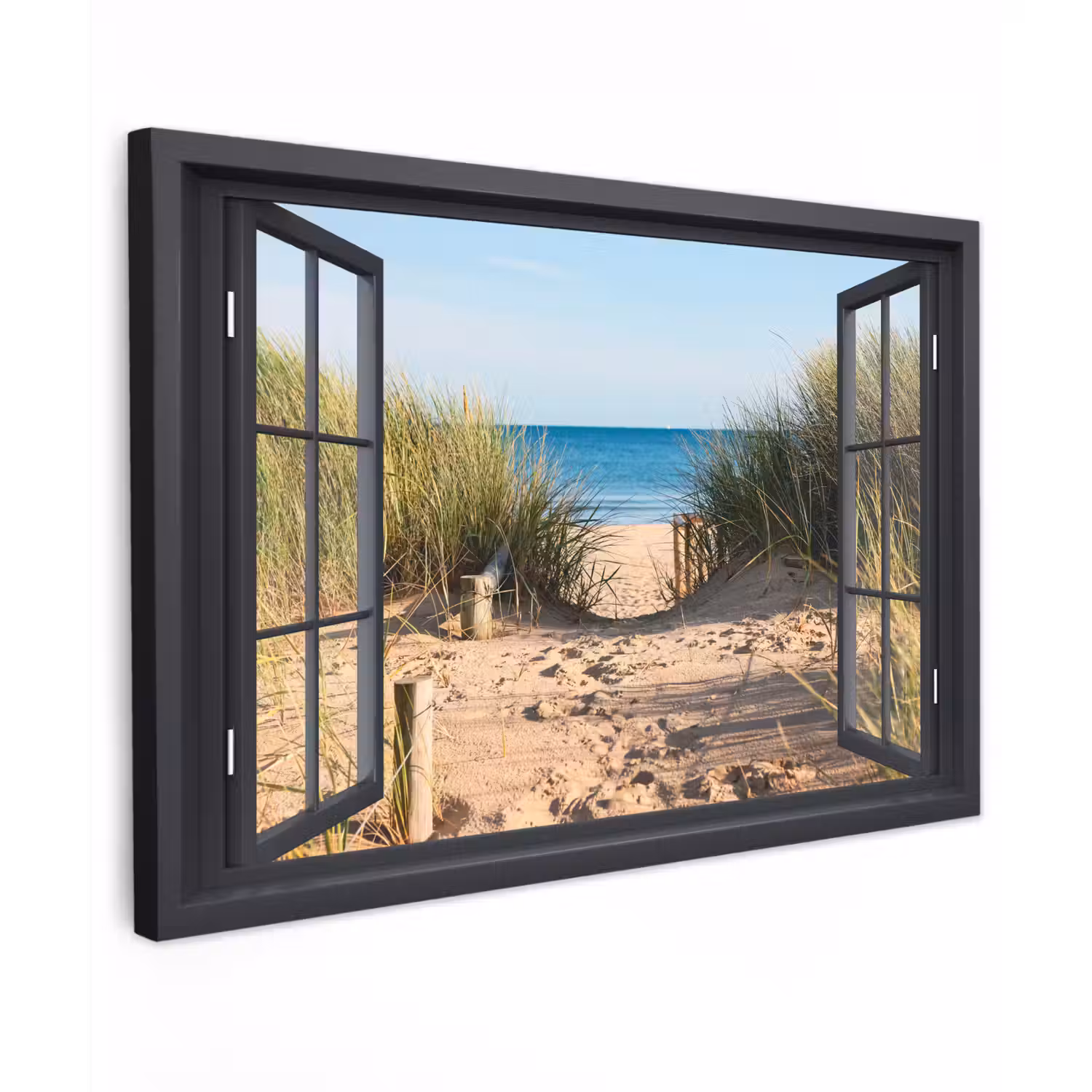 Doorkijk - Strand - Zee - Zand - Water - Helmgras - Duinen Tuinposter op houten frame 2 cm dik klein -3d