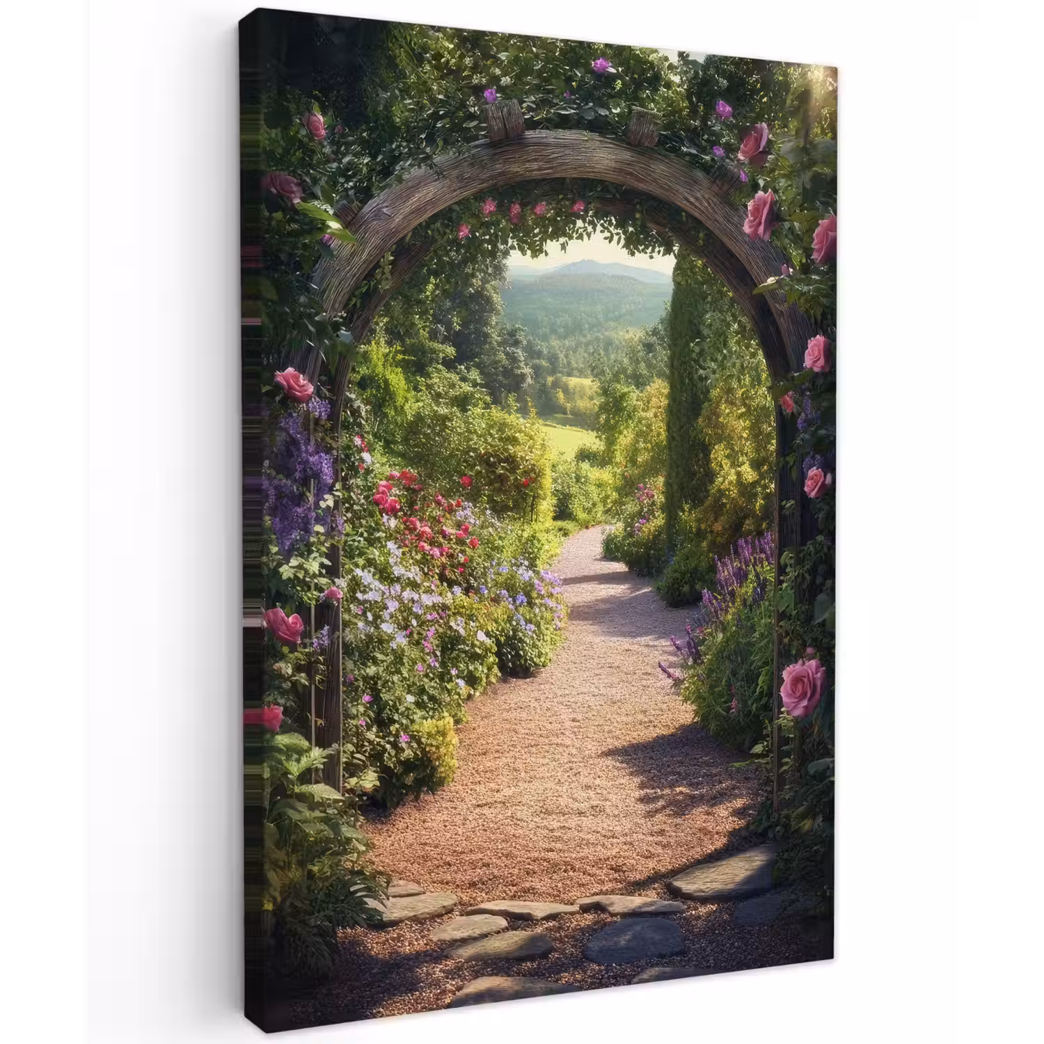Doorkijk - Bloemen - Natuur - Rozenboog Tuinposter op houten frame 2 cm dik klein -3d