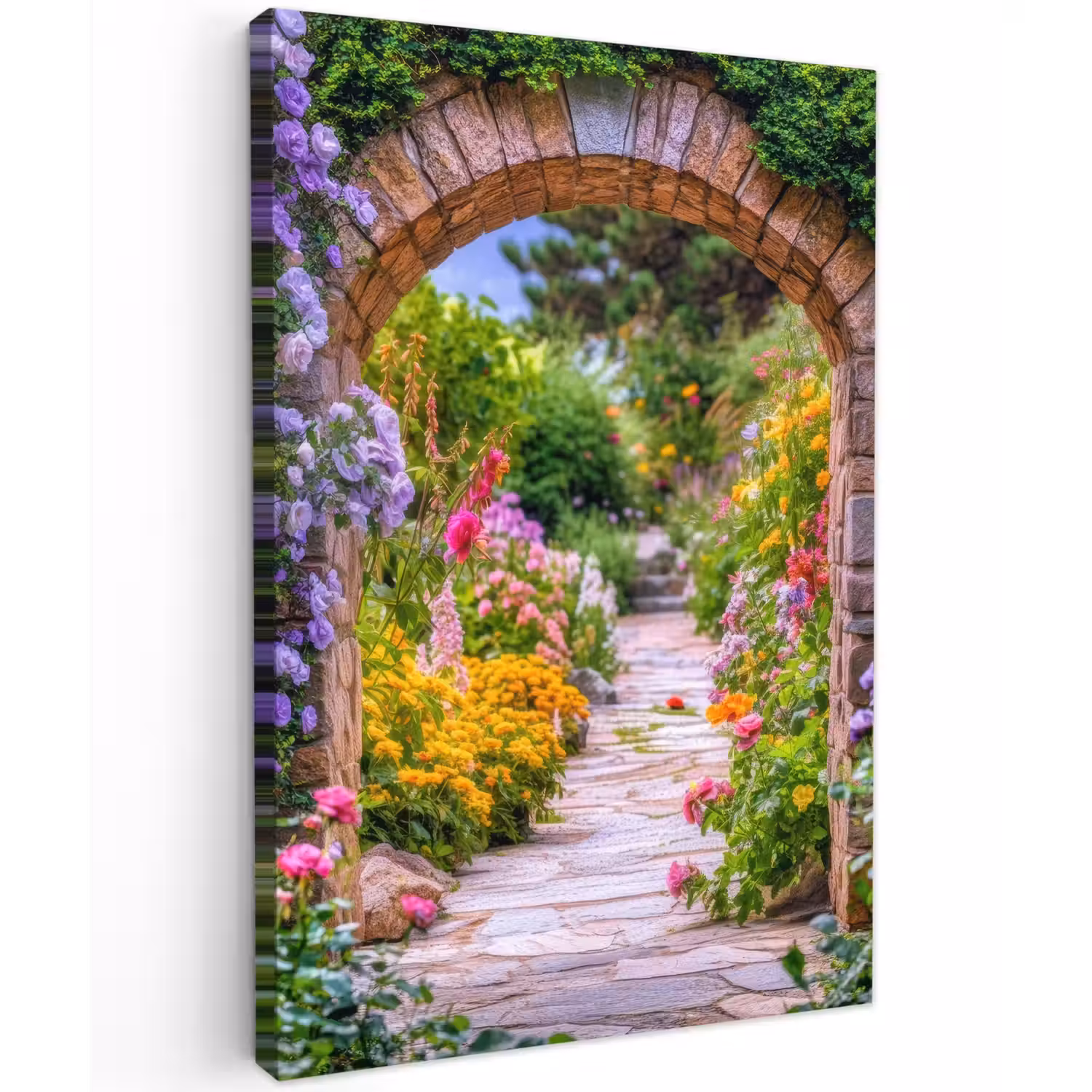 Doorkijk - Bloemen - Pad - Natuur Tuinposter op houten frame 2 cm dik klein -3d