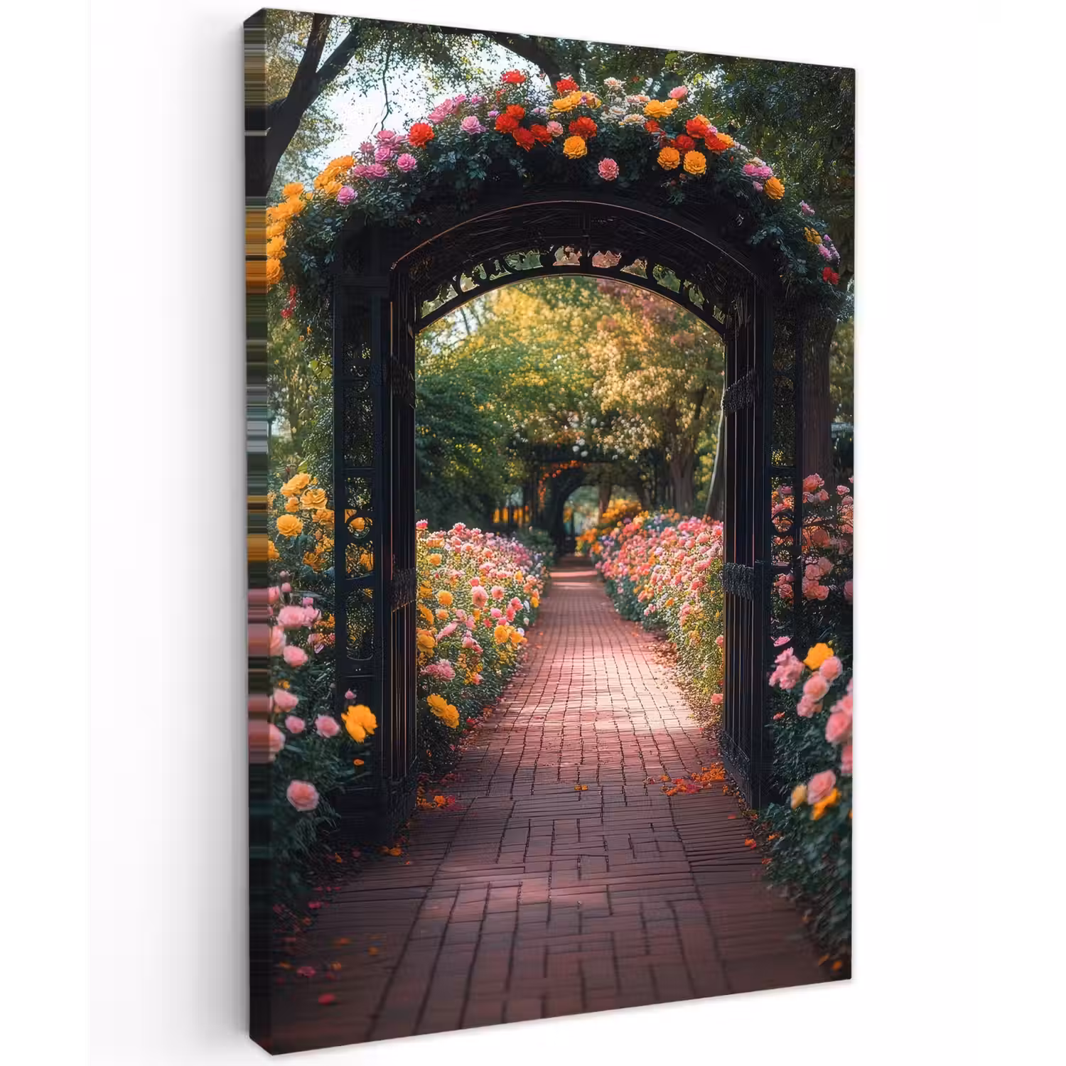 Doorkijk - Bloemen - Pad - Natuur - Kleurrijk Tuinposter op houten frame 2 cm dik klein -3d