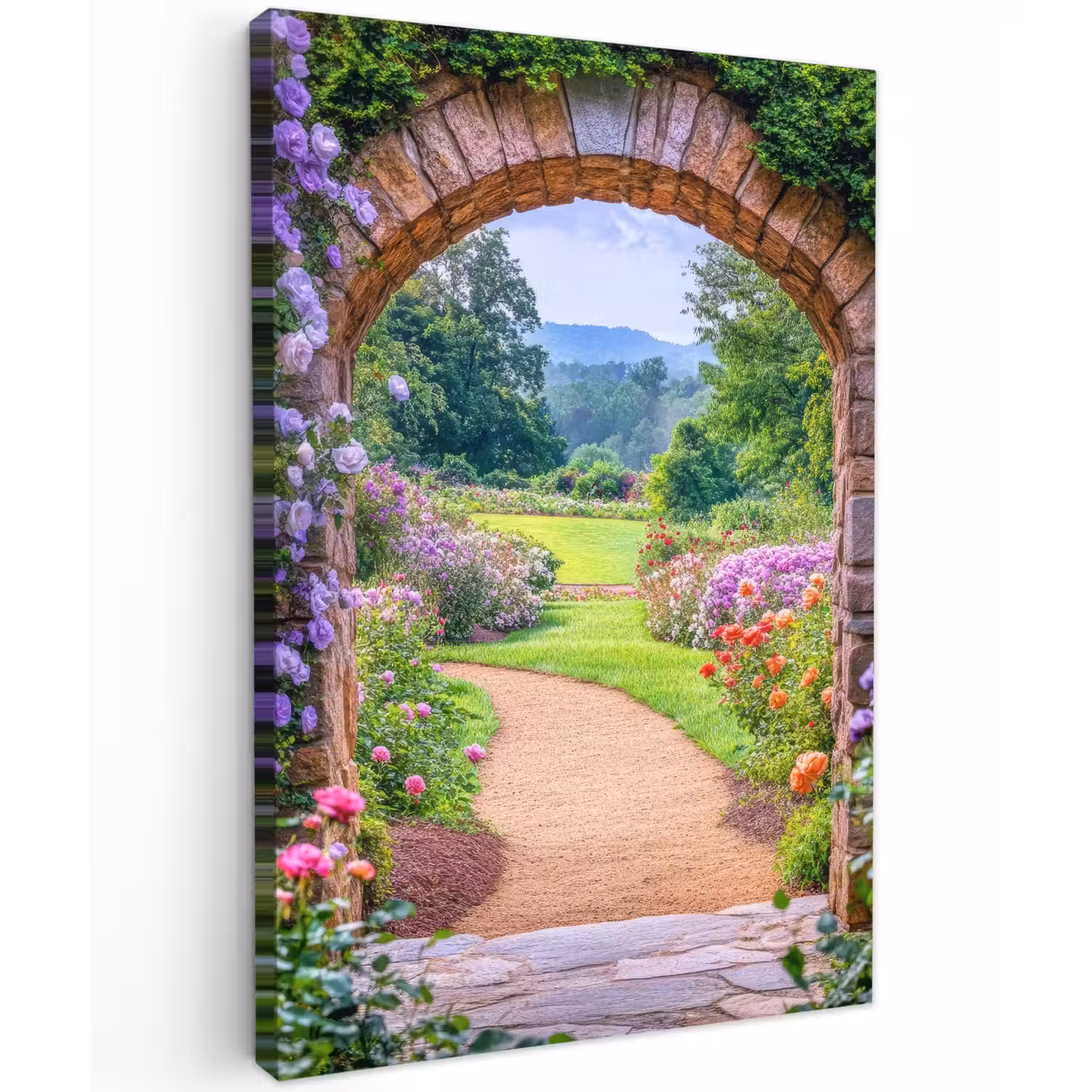 Doorkijk - Poort - Bloemen - Tuin Tuinposter op houten frame 2 cm dik klein -3d