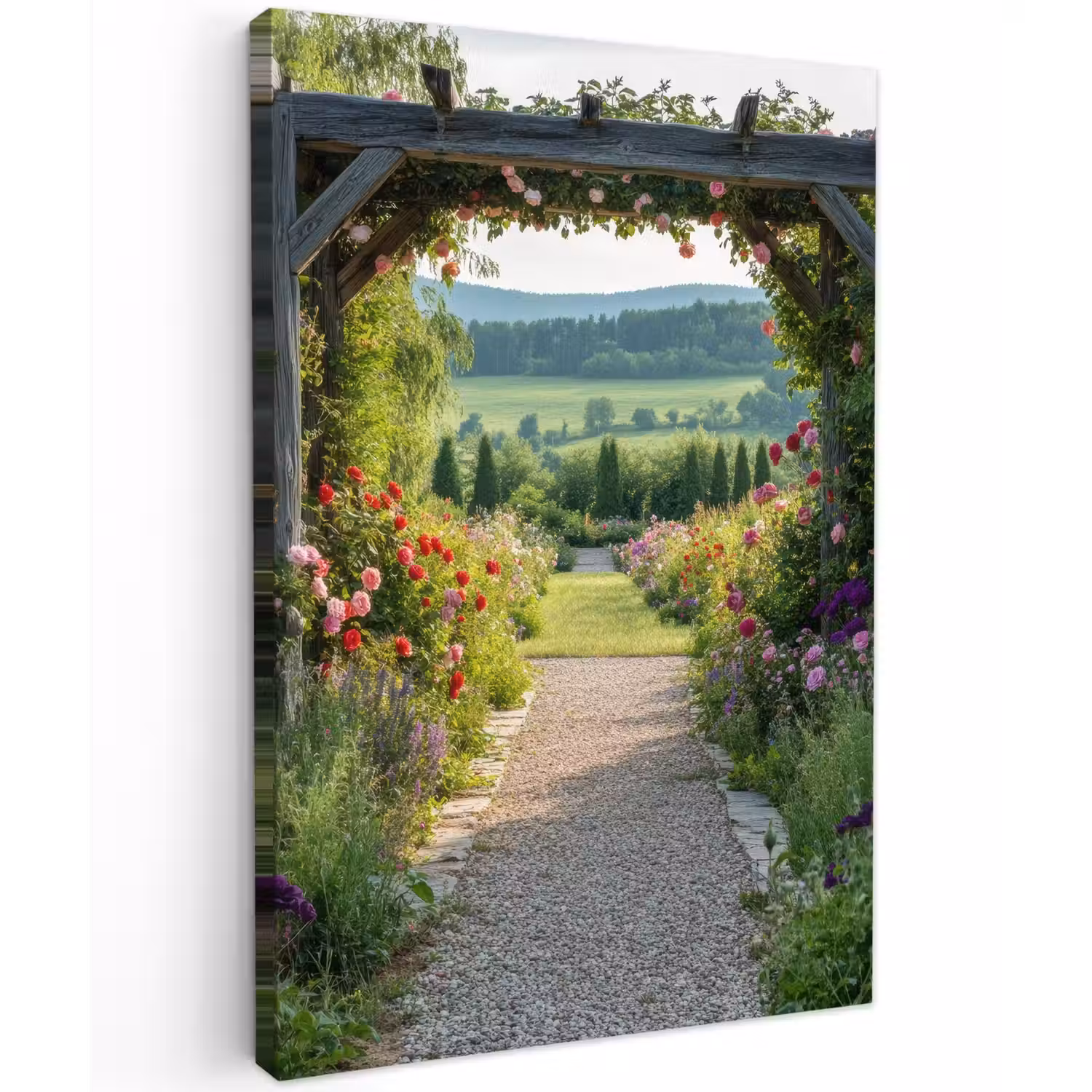 Doorkijk - Landschap - Natuur - Tuinboog - Bloemen Tuinposter op houten frame 2 cm dik klein -3d