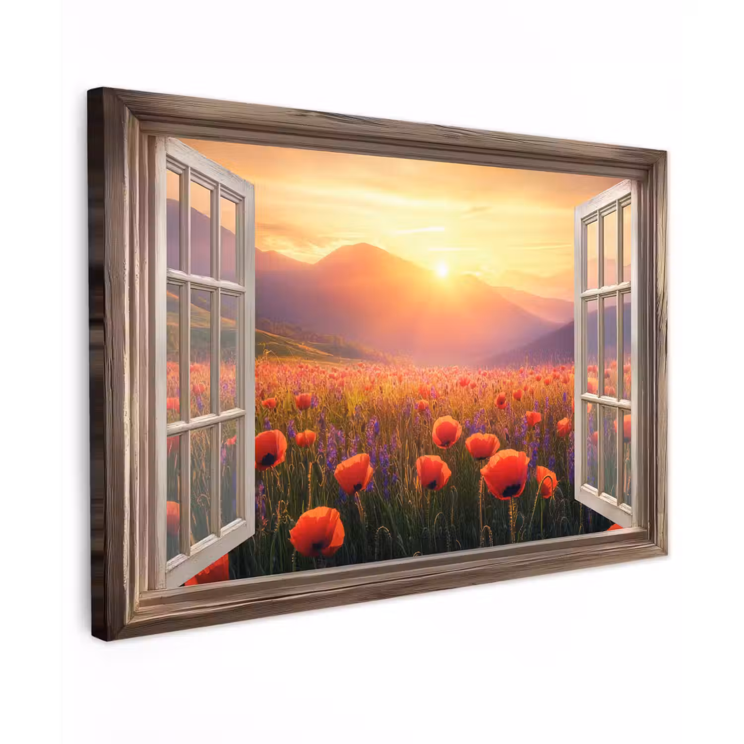 Doorkijk - Klaprozen - Bloemen - Rood - Open raam Tuinposter op houten frame 2 cm dik klein -3d