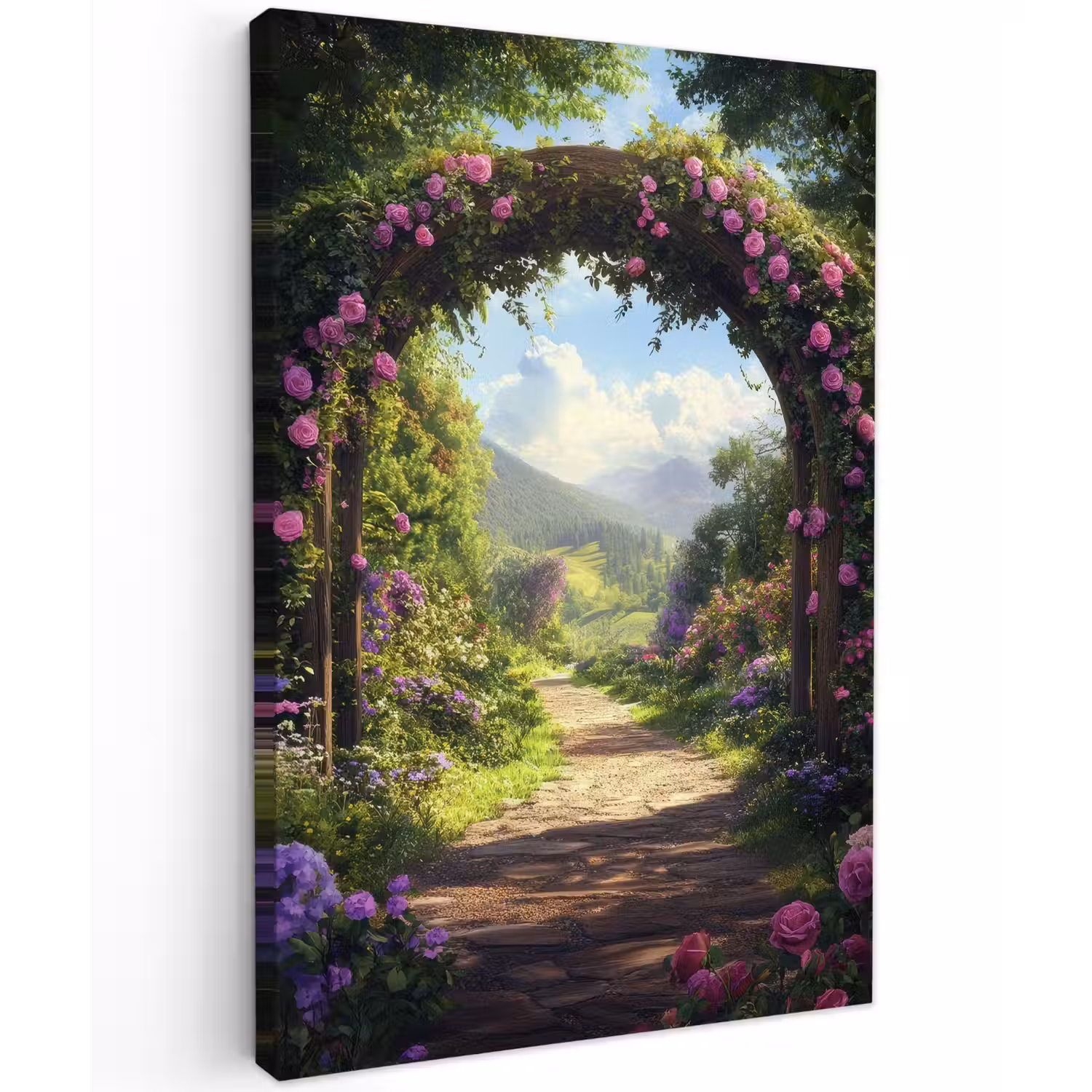 Doorkijk - Rozenboog - Uitzicht - Landschap - Bloemen Tuinposter op houten frame 2 cm dik klein -3d