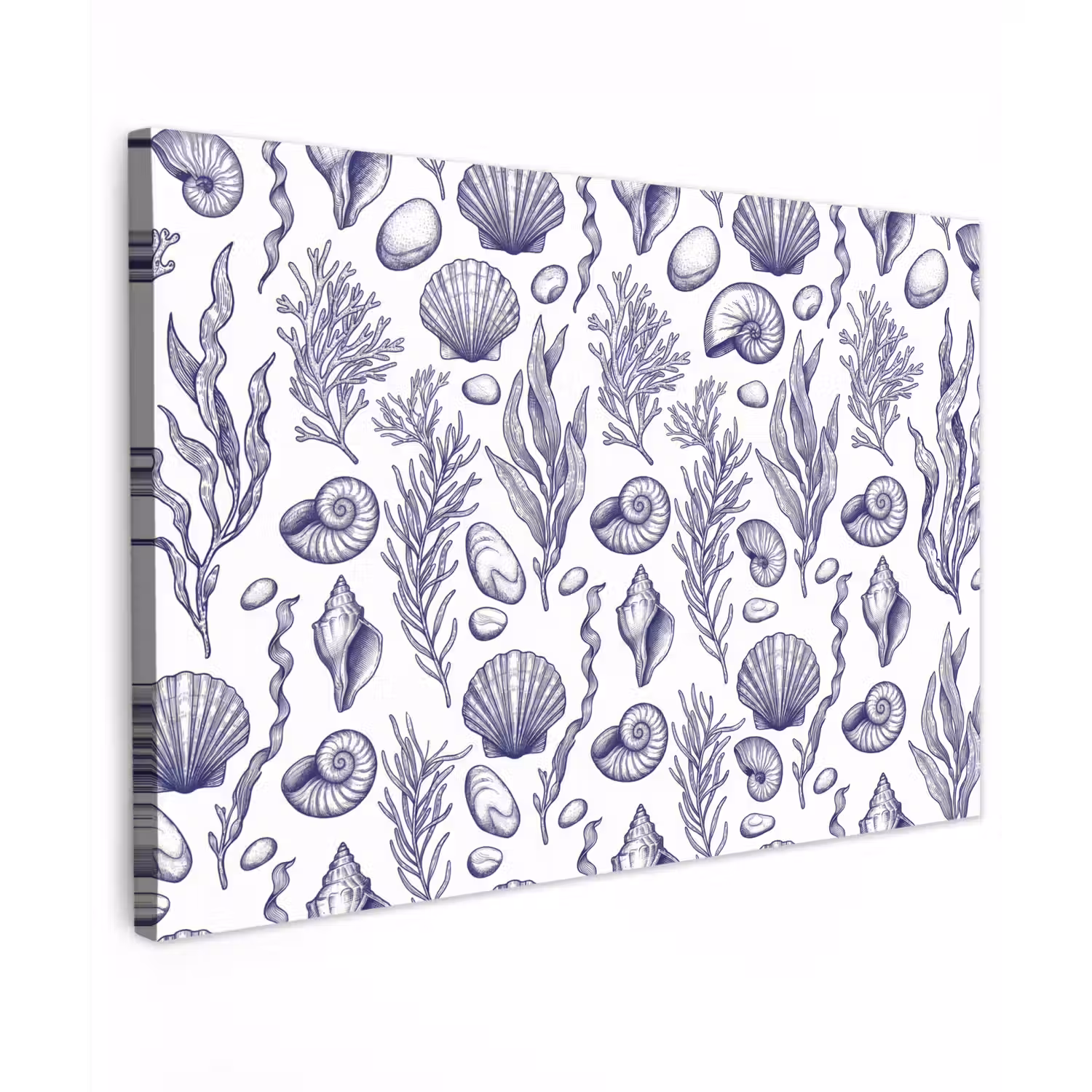 Schelpen - Zeewier - Oceaan - Illustratie - Blauw Tuinposter op houten frame 2 cm dik klein -3d