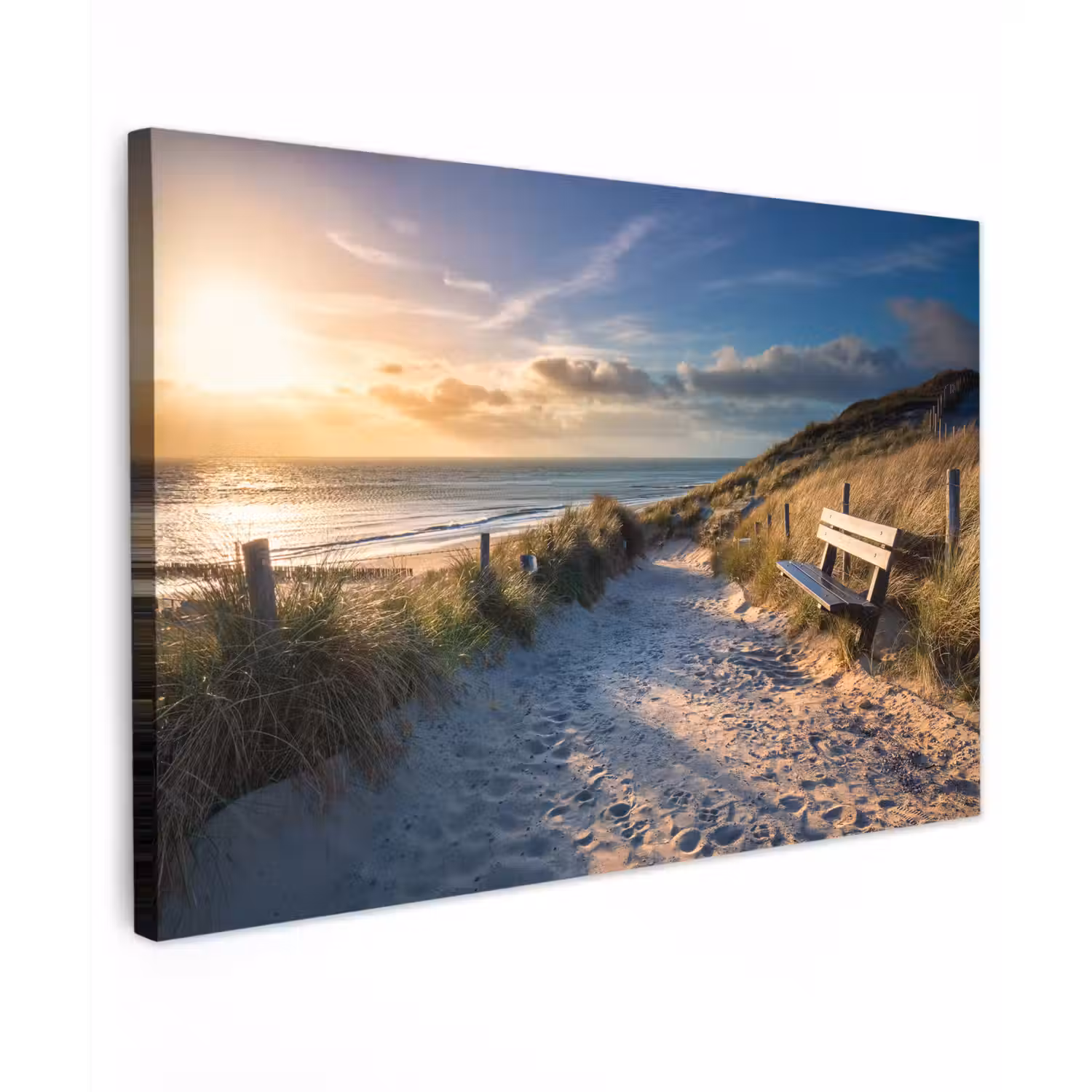 Zonsondergang - Strand - Duin - Gras - Bank Tuinposter op houten frame 2 cm dik klein -3d