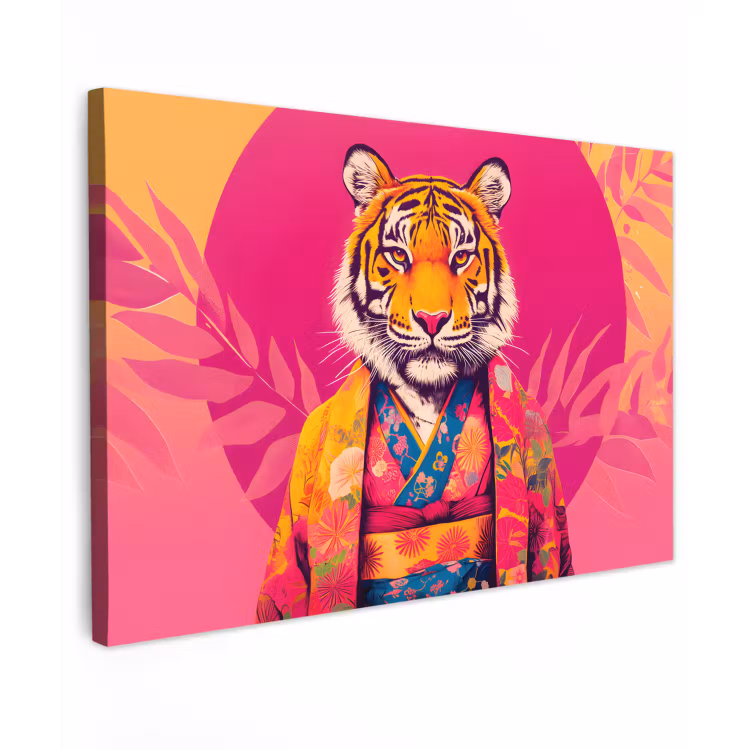 Tijger - Kimono - Planten - Roze Tuinposter op houten frame 2 cm dik klein -3d