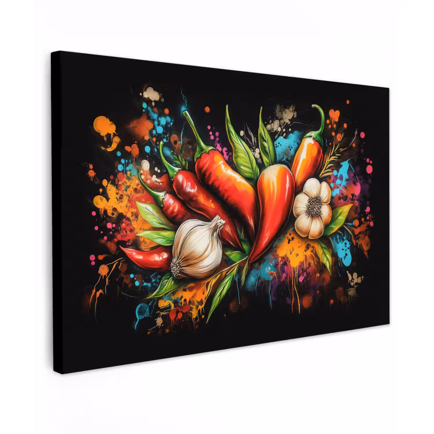 Groente - Peper - Knoflook - Graffiti - Verf - Kleurrijk Tuinposter op houten frame 2 cm dik klein -3d