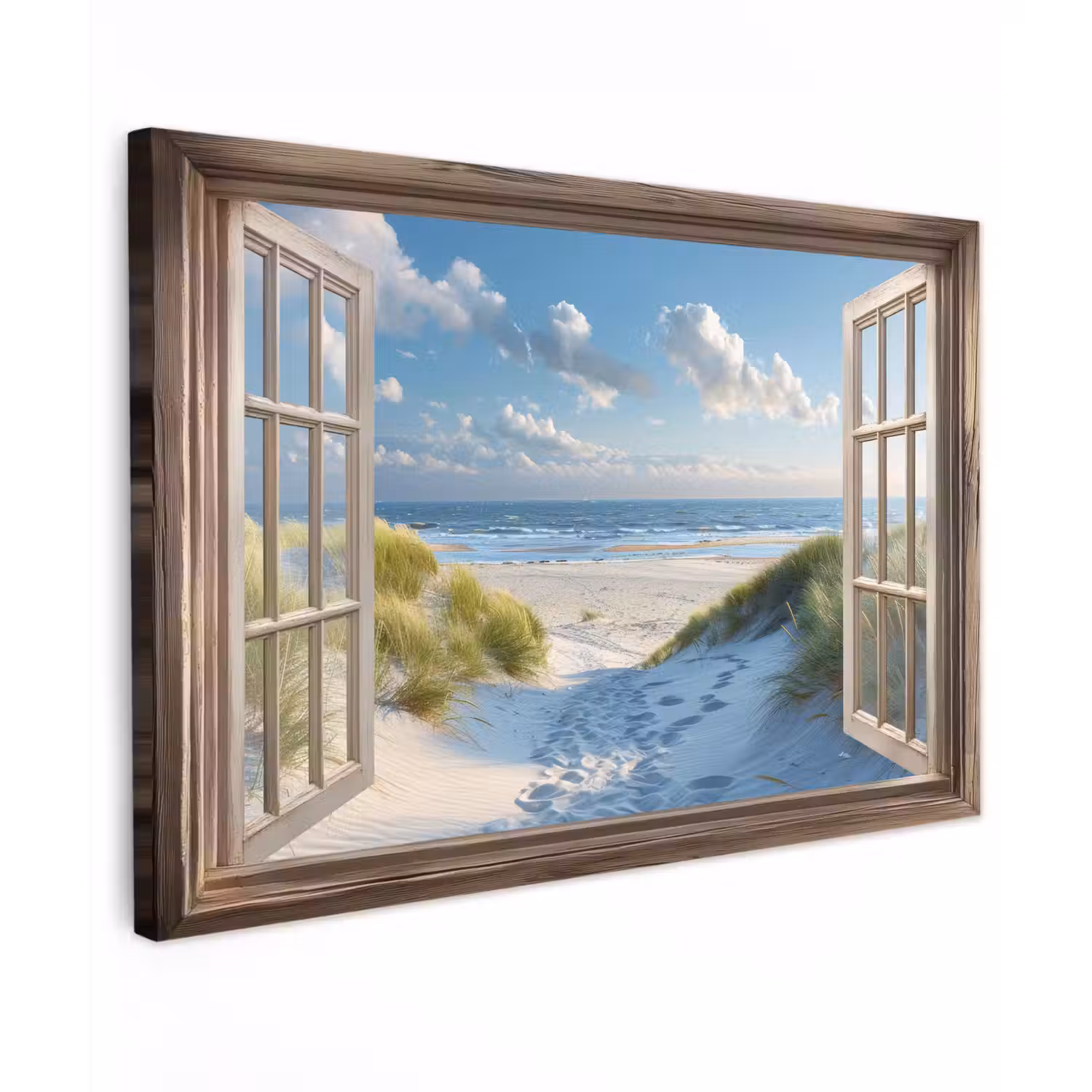 Doorkijk - Strand - Raam - Duinen - Zee Tuinposter op houten frame 2 cm dik klein -3d