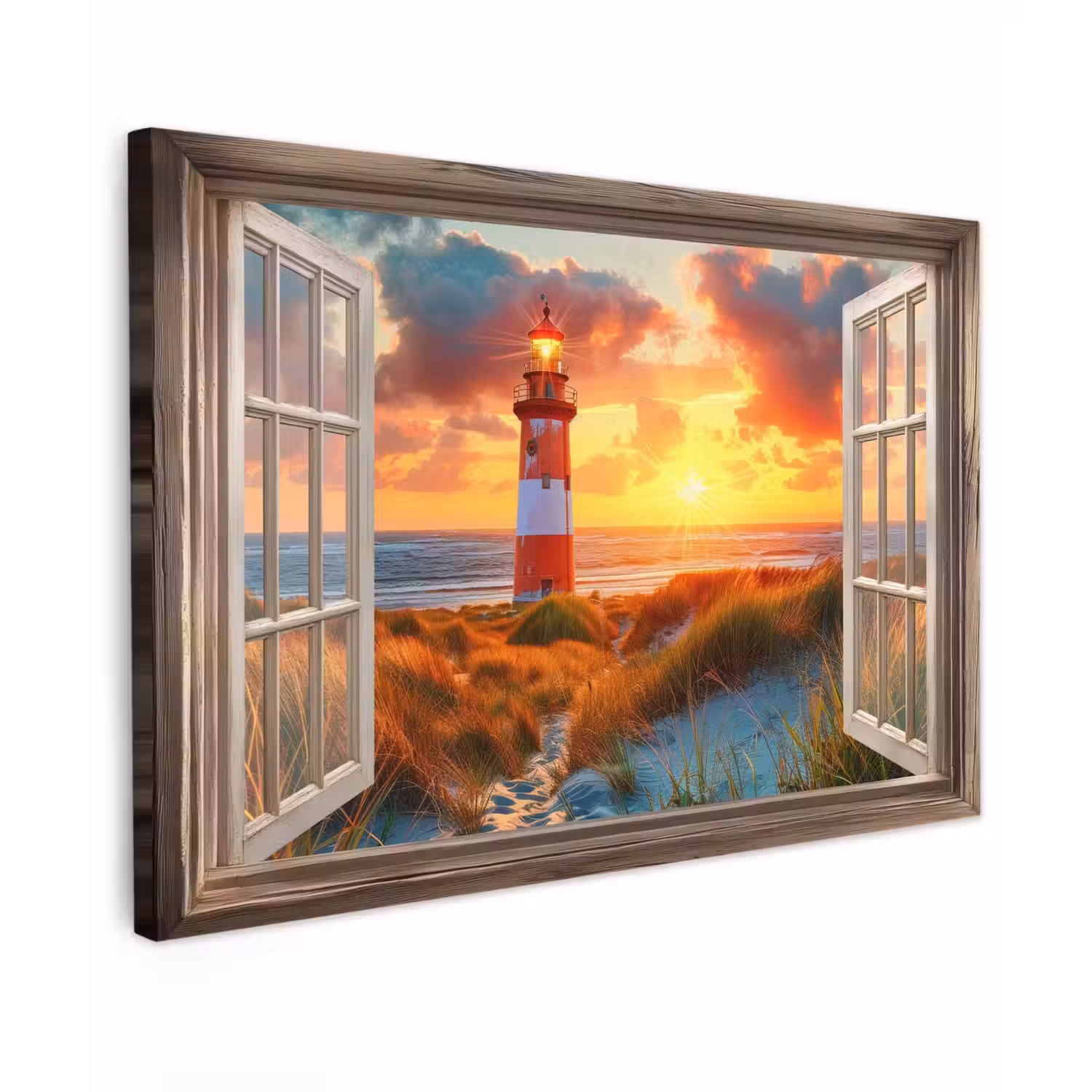 Doorkijk - Raam - Vuurtoren - Zonsondergang - Strand Tuinposter op houten frame 2 cm dik klein -3d