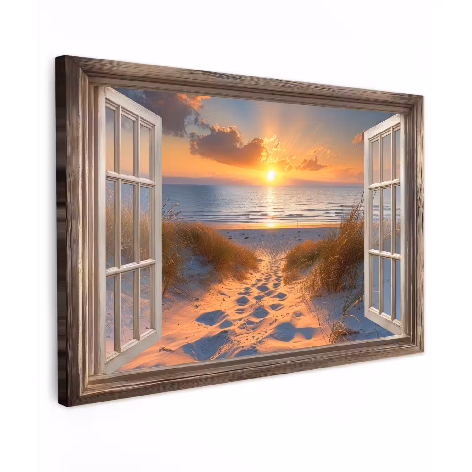 Doorkijk - Strand - Duinen - Zonsondergang Tuinposter op houten frame 2 cm dik klein -3d