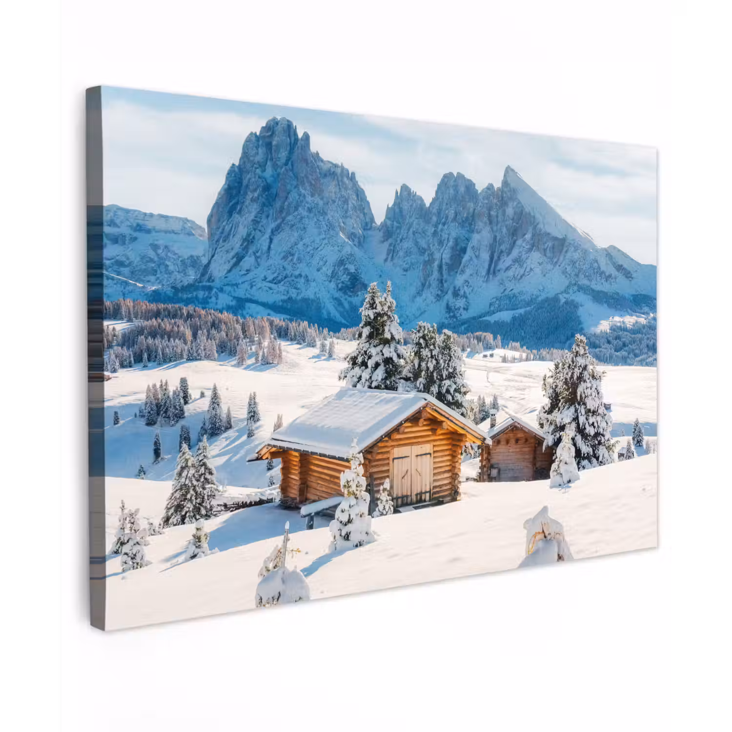 Winter - Huisje - Bergen - Uitzicht - Sneeuw Tuinposter op houten frame 2 cm dik klein -3d
