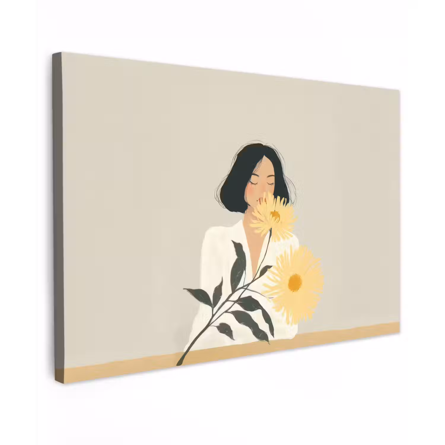 Vrouw - Bloem - Geel - Minimalistisch Tuinposter op houten frame 2 cm dik klein -3d