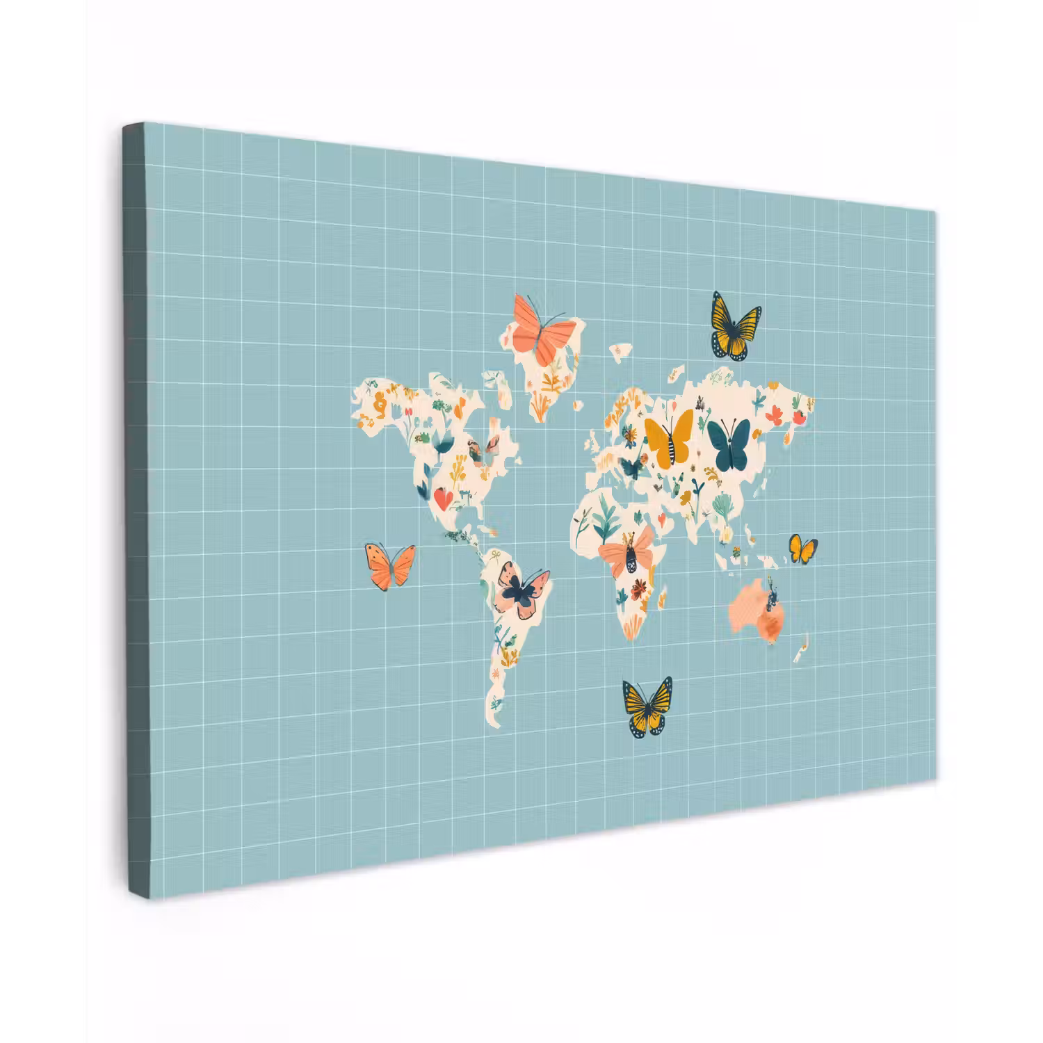 Wereldkaart - Vlinders - Dromerig Tuinposter op houten frame 2 cm dik klein -3d