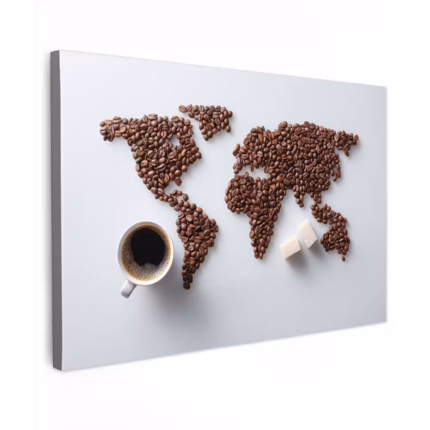 Wereldkaart - Koffiebonen - Suikerklontjes Tuinposter op houten frame 2 cm dik klein -3d