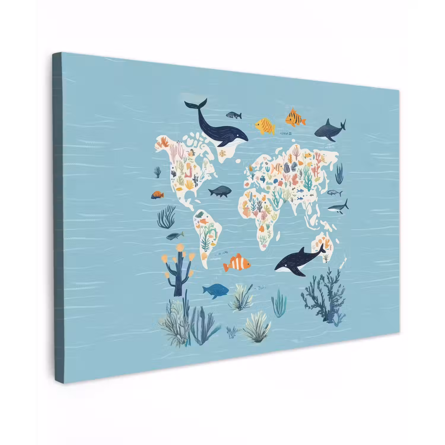 Wereldkaart - Zeeleven - Blauw Tuinposter op houten frame 2 cm dik klein -3d