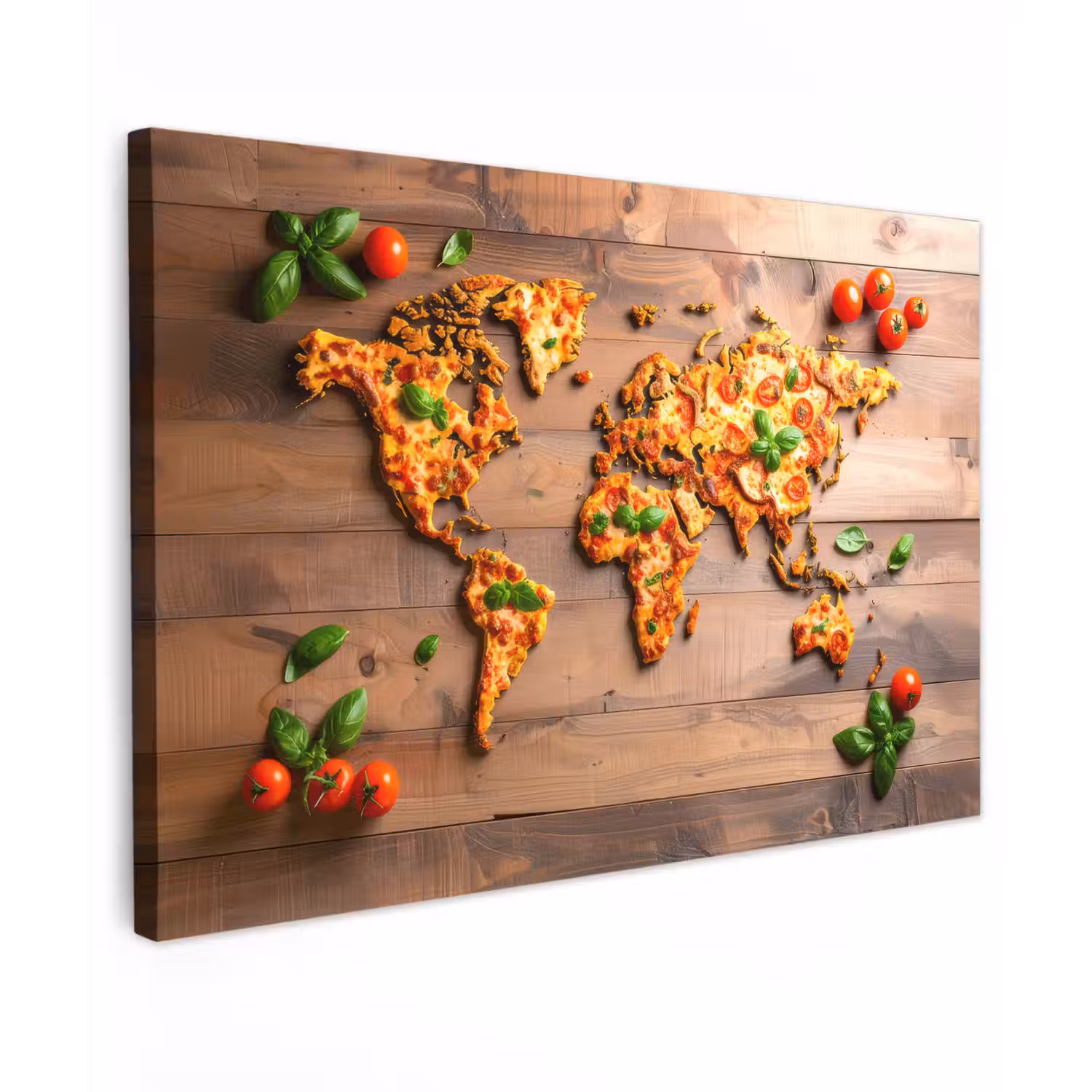 Wereldkaart - Pizza - Houten ondergrond Tuinposter op houten frame 2 cm dik klein -3d