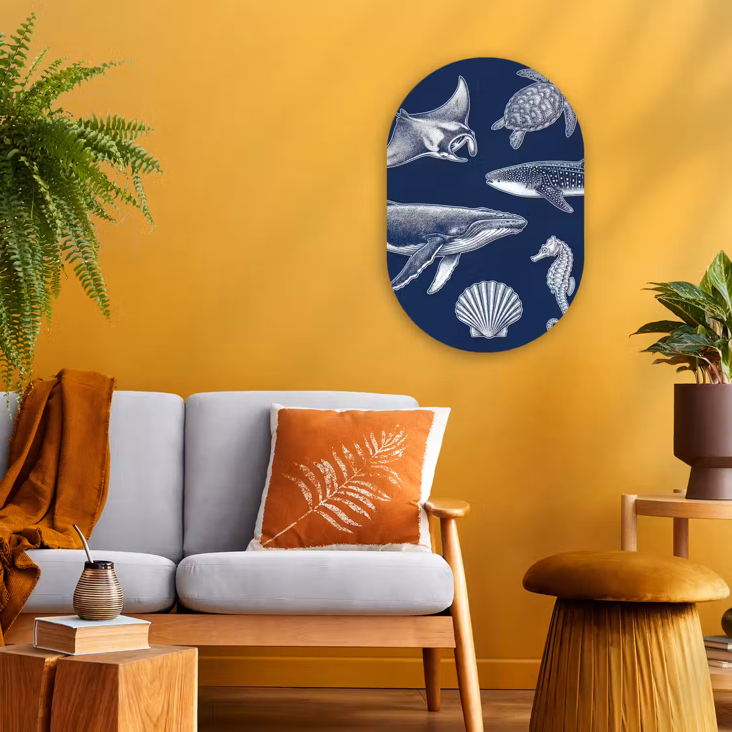 Dieren - Zeeleven - Oceaan - Graveren - Blauw Wandcirkel Ovaal Forex klein -sfeer4
