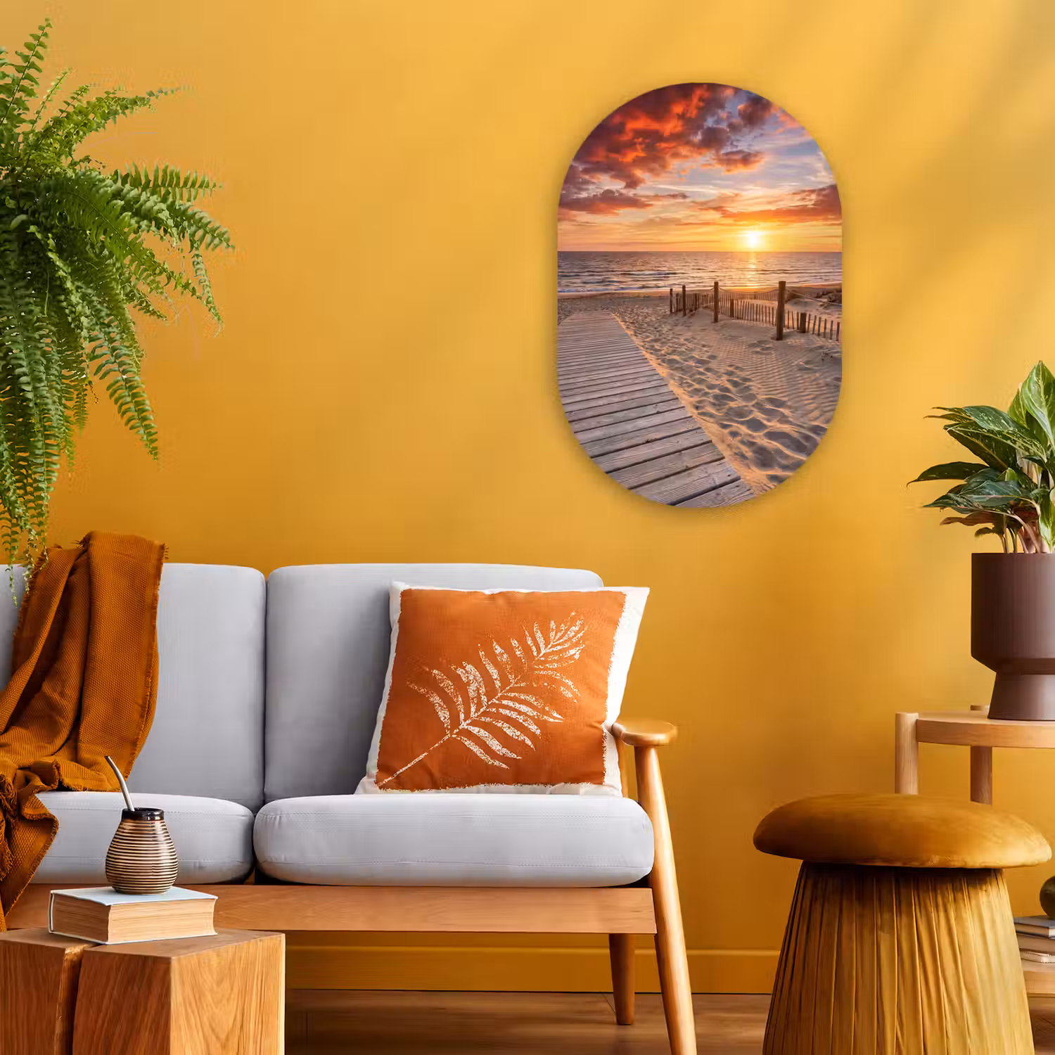 Strand - Zonsondergang - Zee - Natuur - Oranje Wandcirkel Ovaal Forex klein -sfeer4