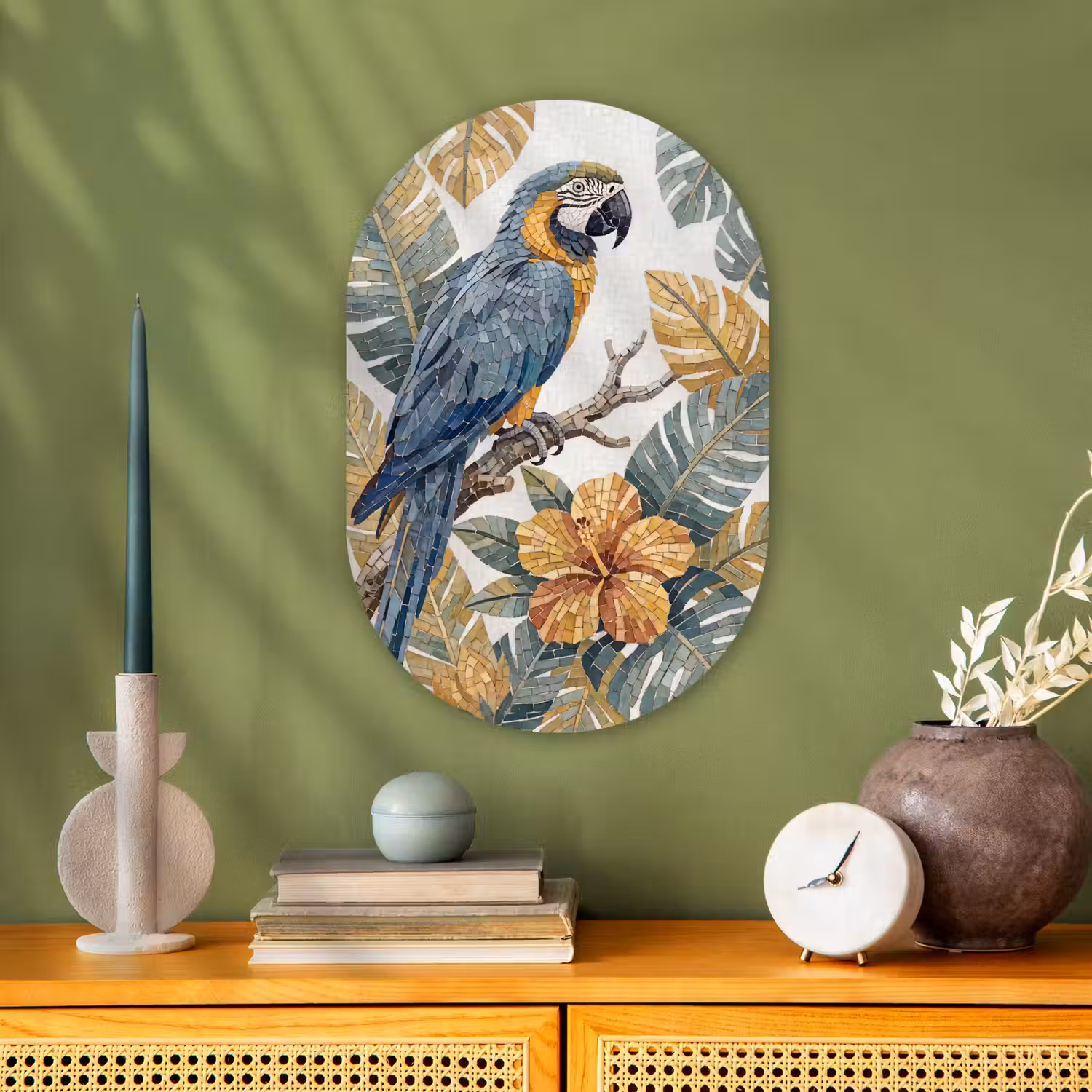 Vogel - Tak - Natuur - Mozaïek - Blauw Wandcirkel Ovaal Forex klein -sfeer2