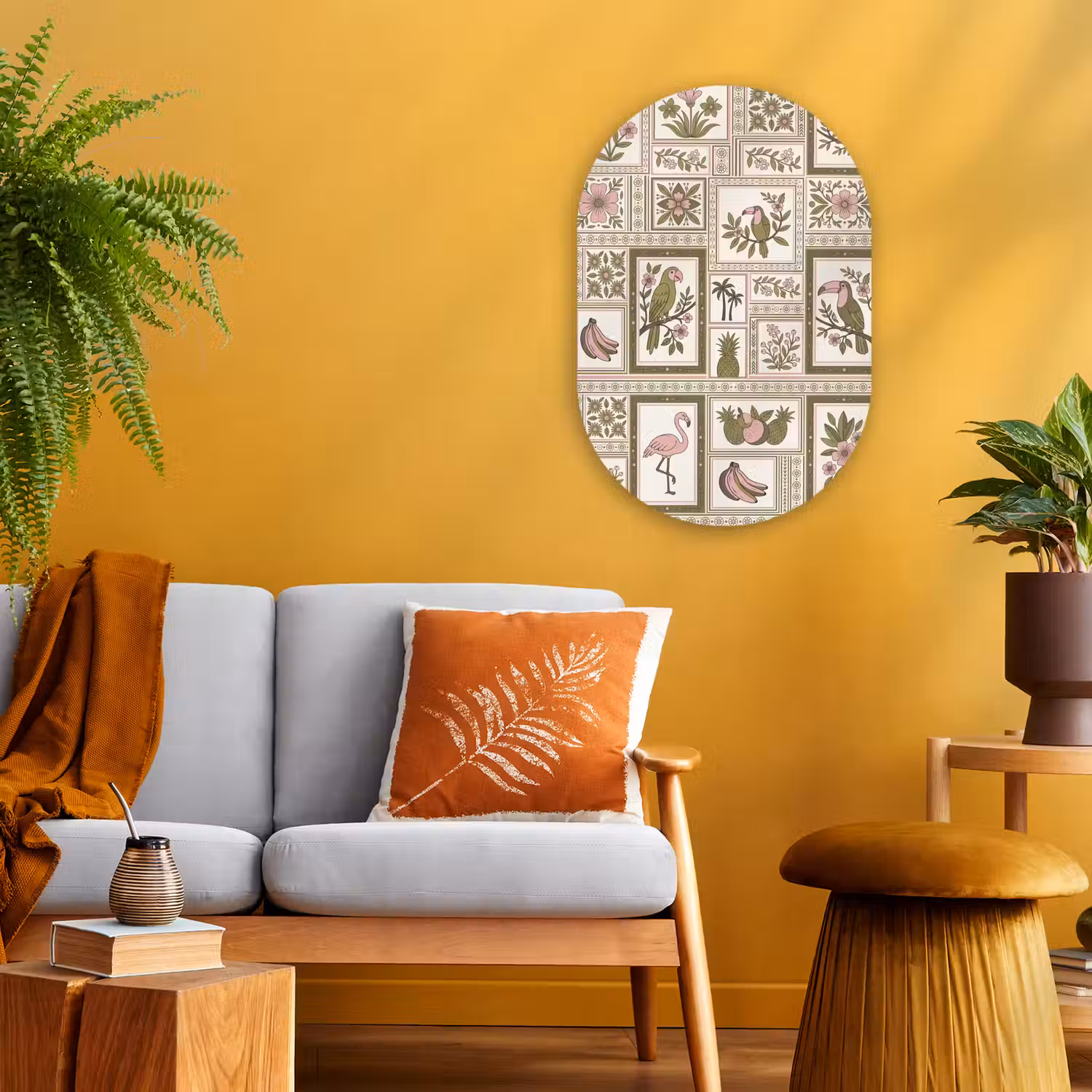 Vogel - Tropisch - Patroon - Decoratief - Groen Wandcirkel Ovaal Forex klein -sfeer4