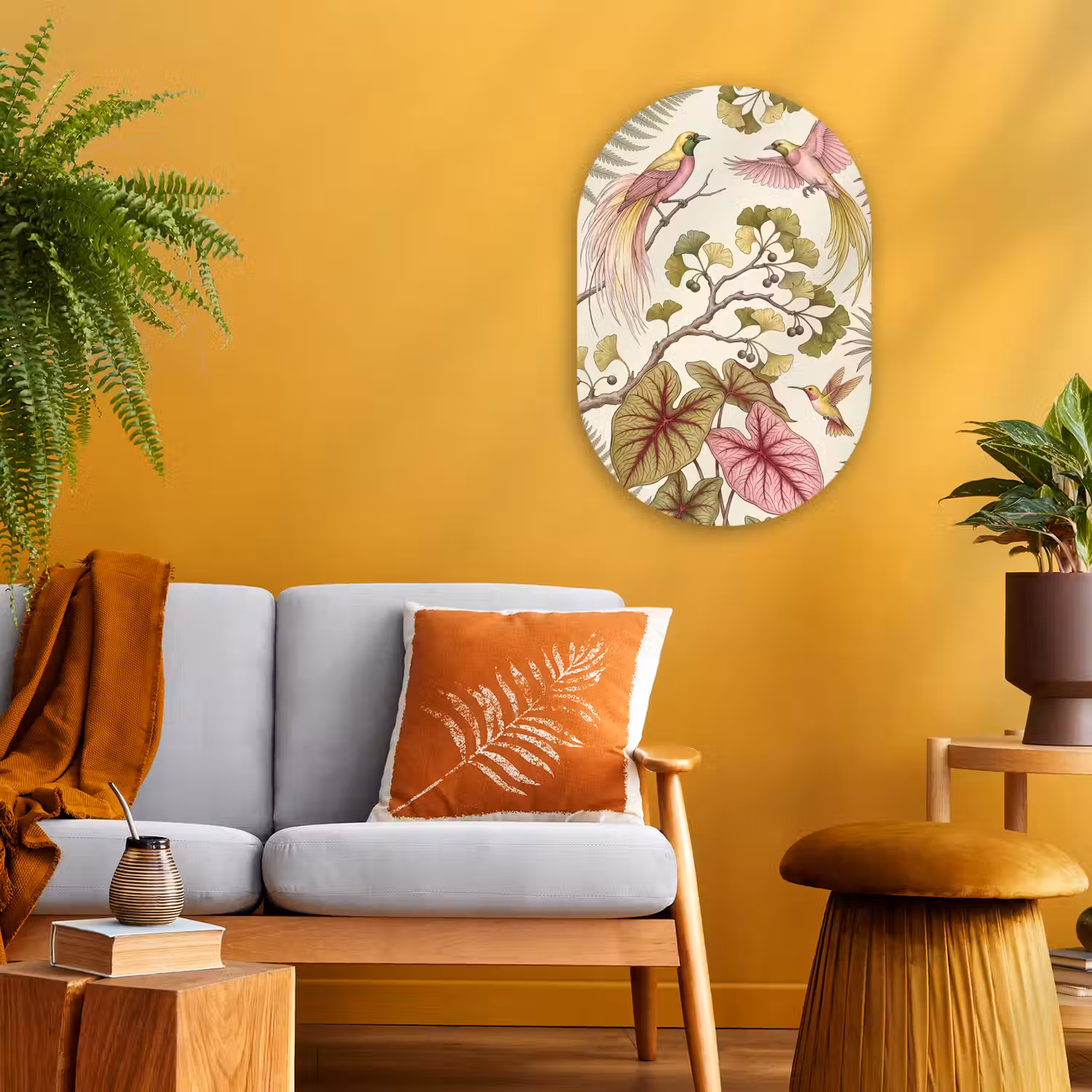Vogels - Tropisch - Botanisch - Roze Wandcirkel Ovaal Forex klein -sfeer4
