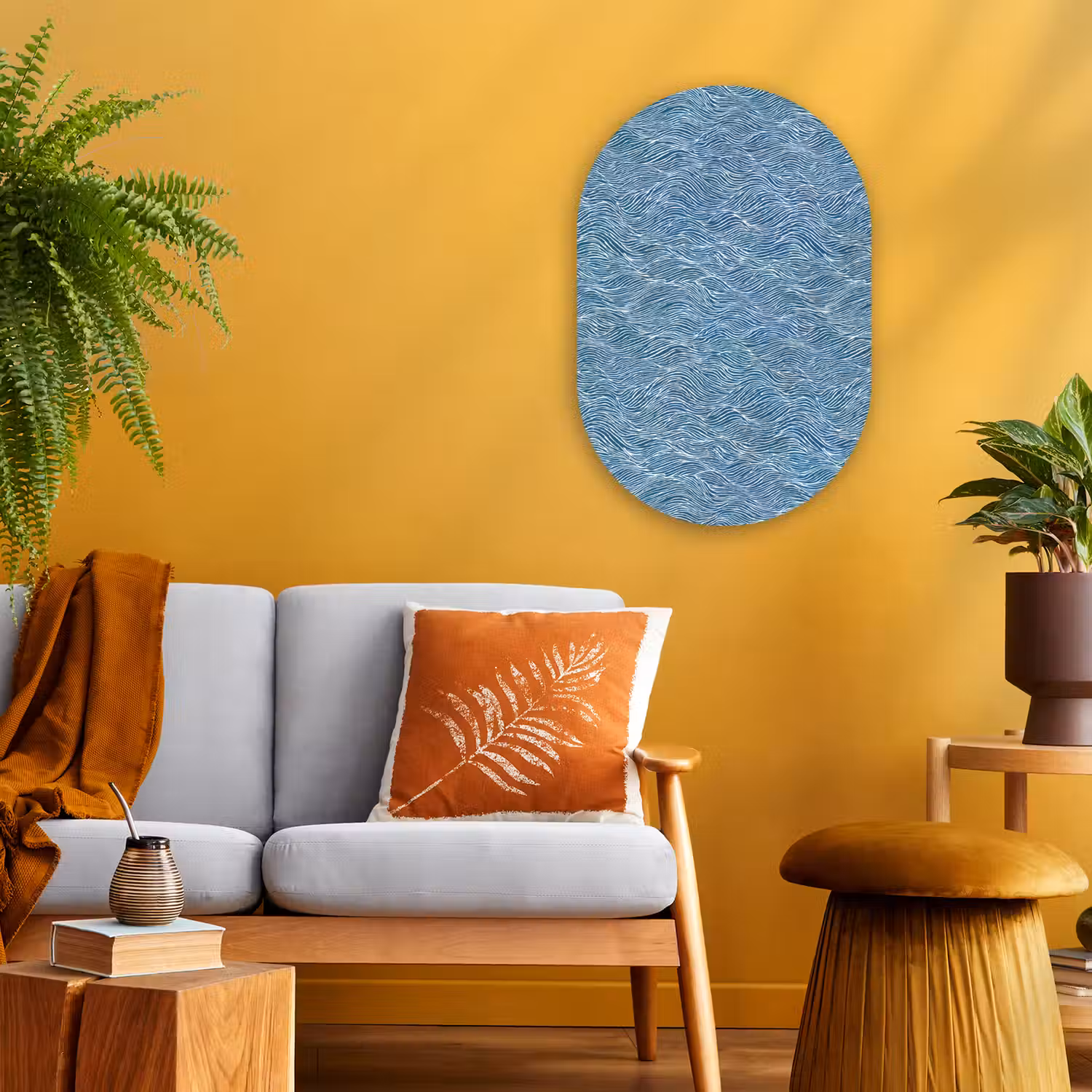 Blauw - Wit - Golven - Getekend - Textuur Wandcirkel Ovaal Forex klein 630 -sfeer4