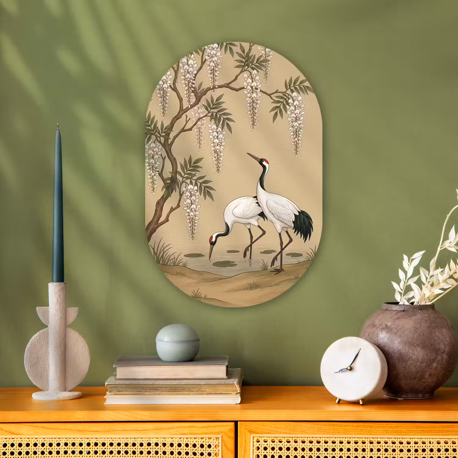 Kraanvogels - Water - Beige Wandcirkel Ovaal Forex klein -sfeer2