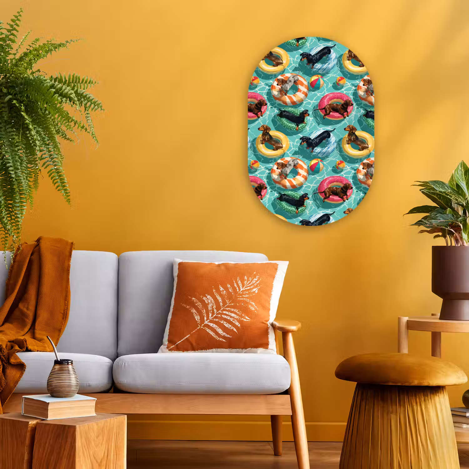 Teckels - Zwembad - Kleurrijk Wandcirkel Ovaal Forex klein 630 -sfeer4