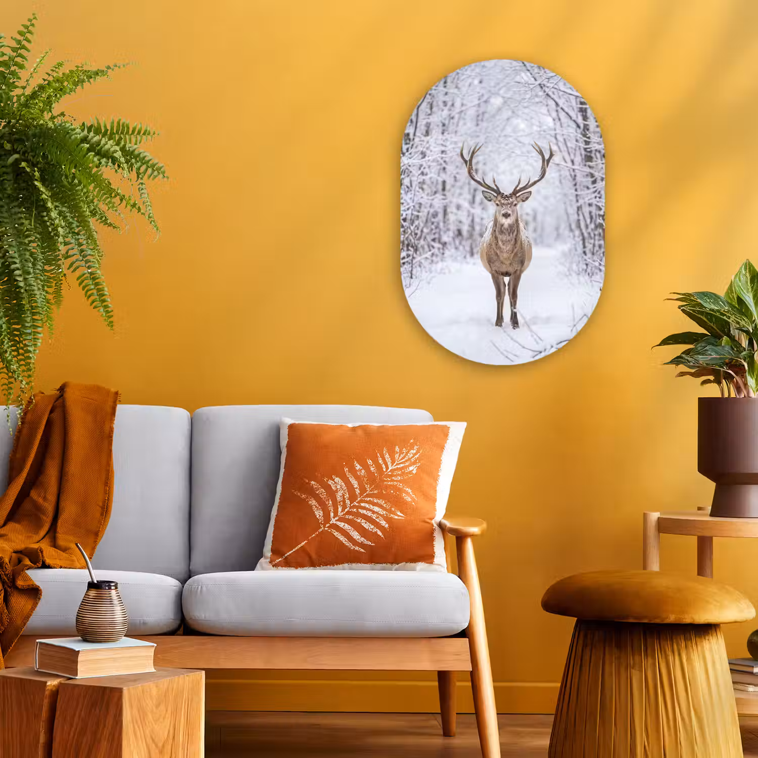 Hert - Winter - Bos - Natuur - Wit Wandcirkel Ovaal Forex klein -sfeer4