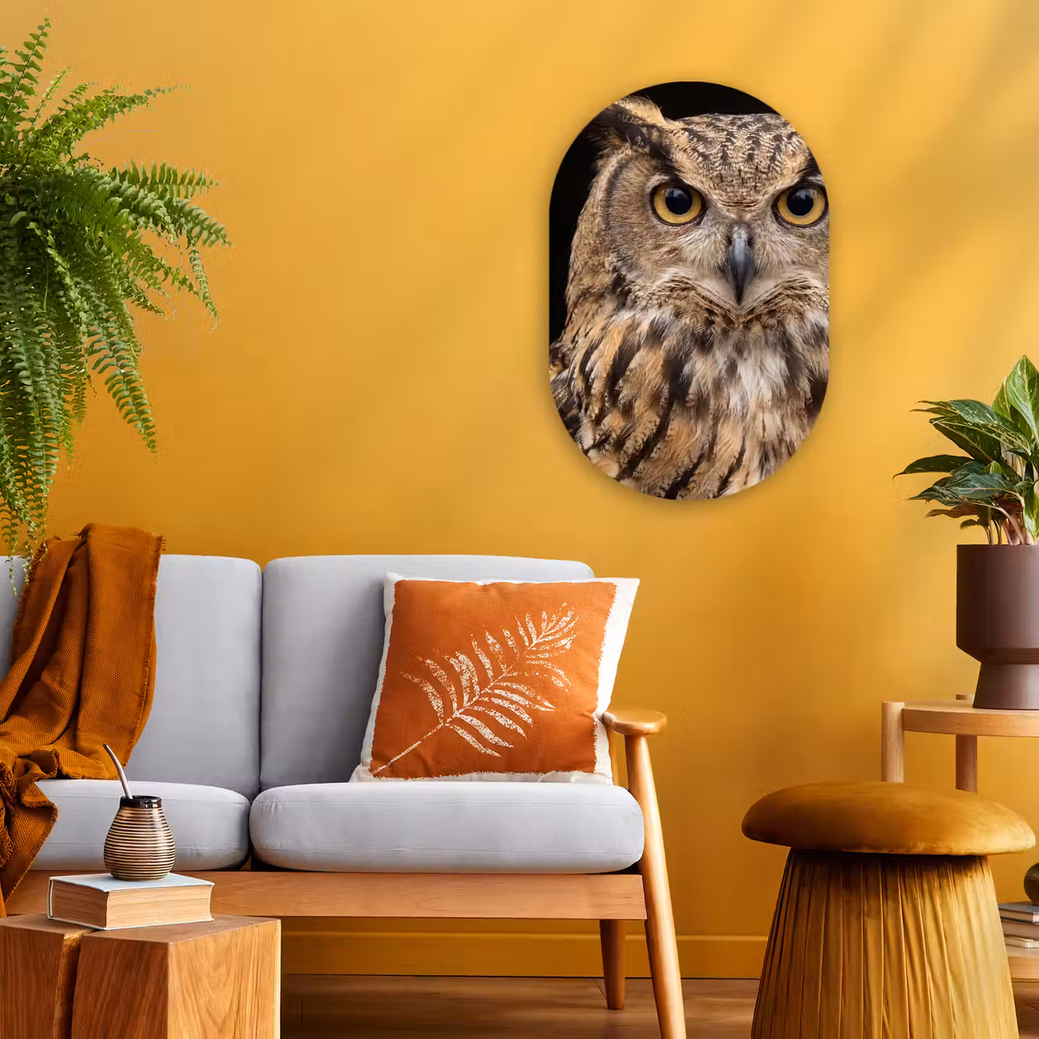 Oehoe - Uil - Portret - Bruin Wandcirkel Ovaal Forex klein -sfeer4