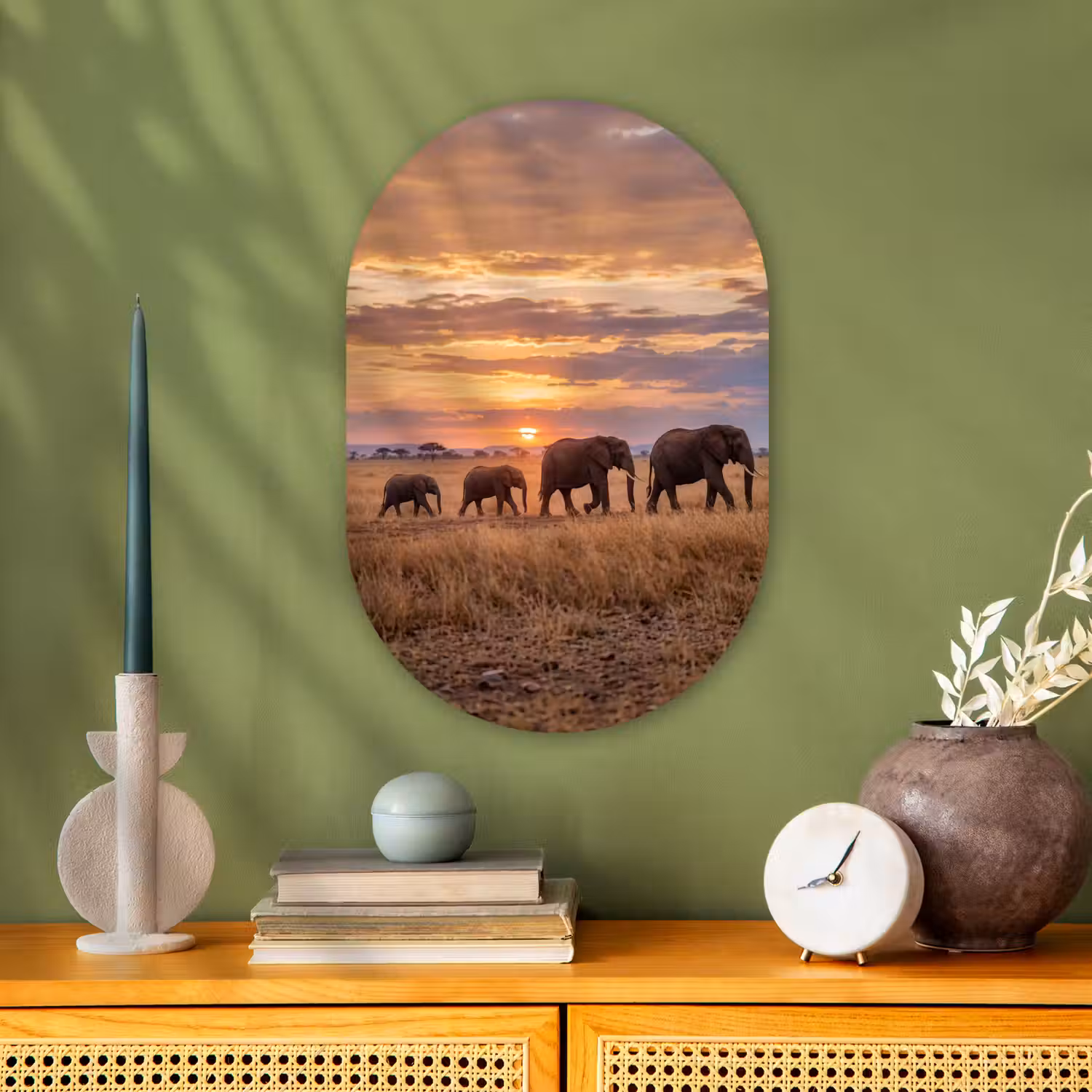 Olifanten - Savanne - Zonsondergang - Afrika - Warm Wandcirkel Ovaal Forex klein -sfeer2