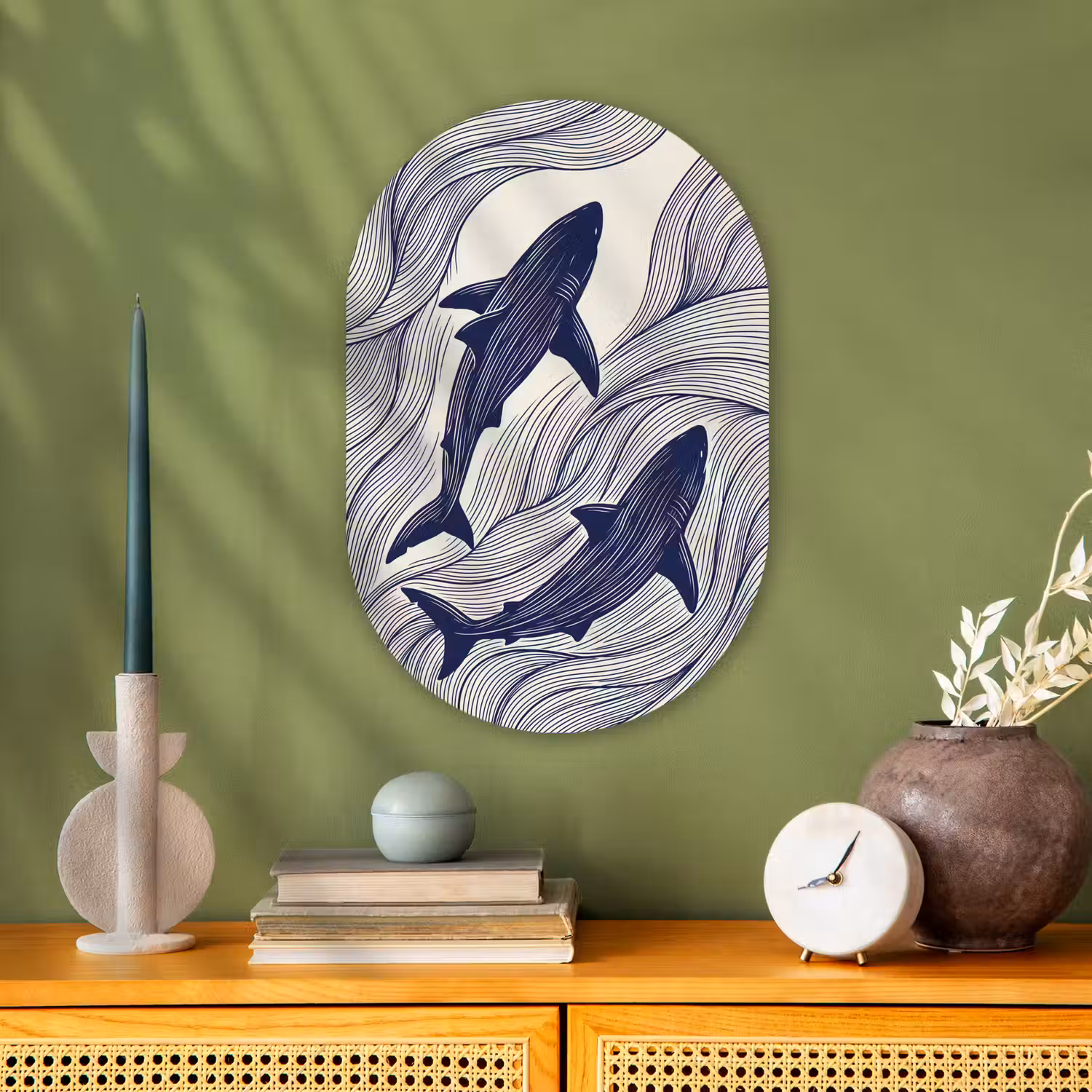 Vis - Oceaan - Lijntekening - Blauw - Dieren Wandcirkel Ovaal Forex klein -sfeer2